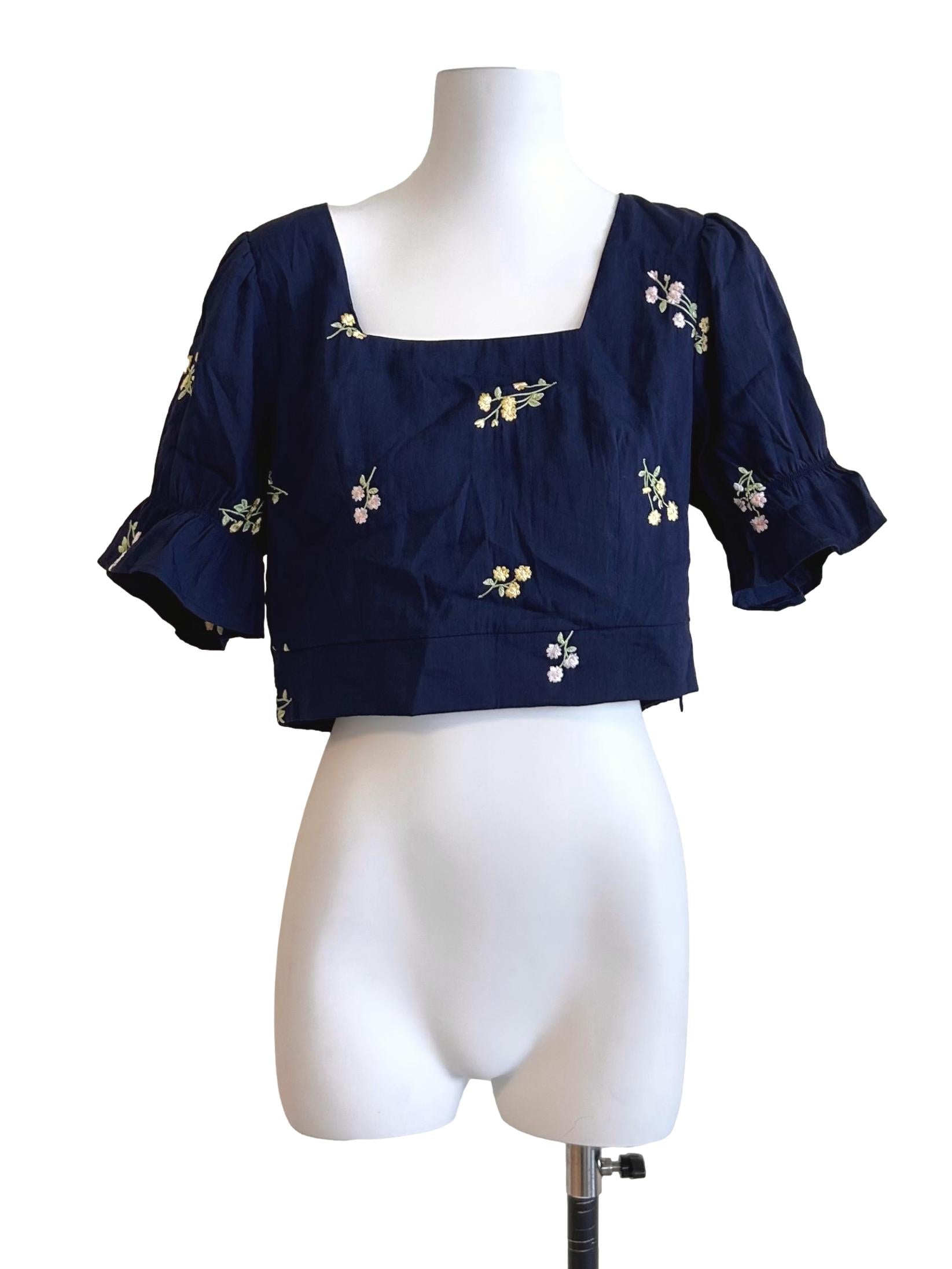 Navy Floral Embroidered Crop Top TCL