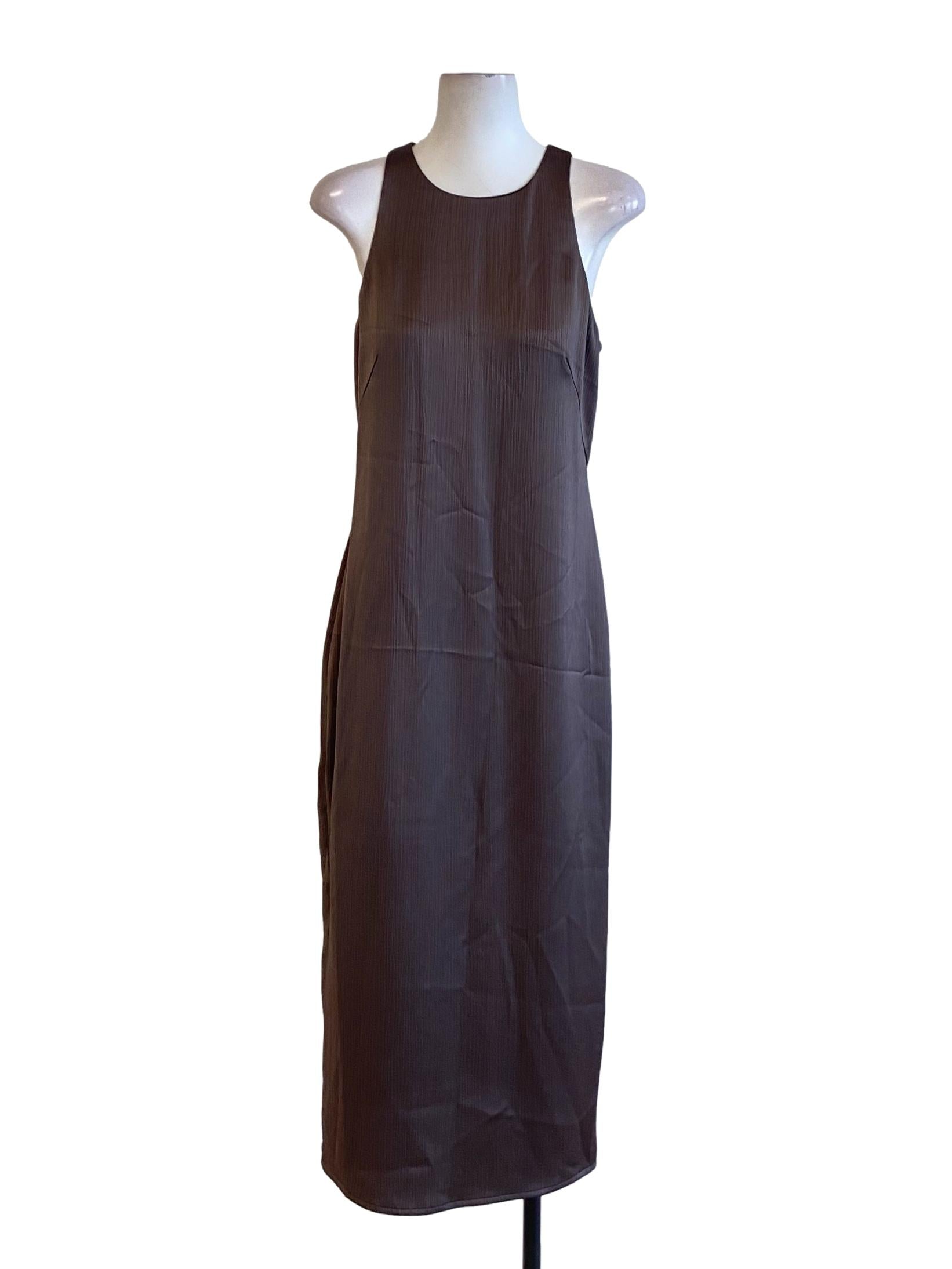 Wood Brown Sharkskin Round Neck Shift Dress
