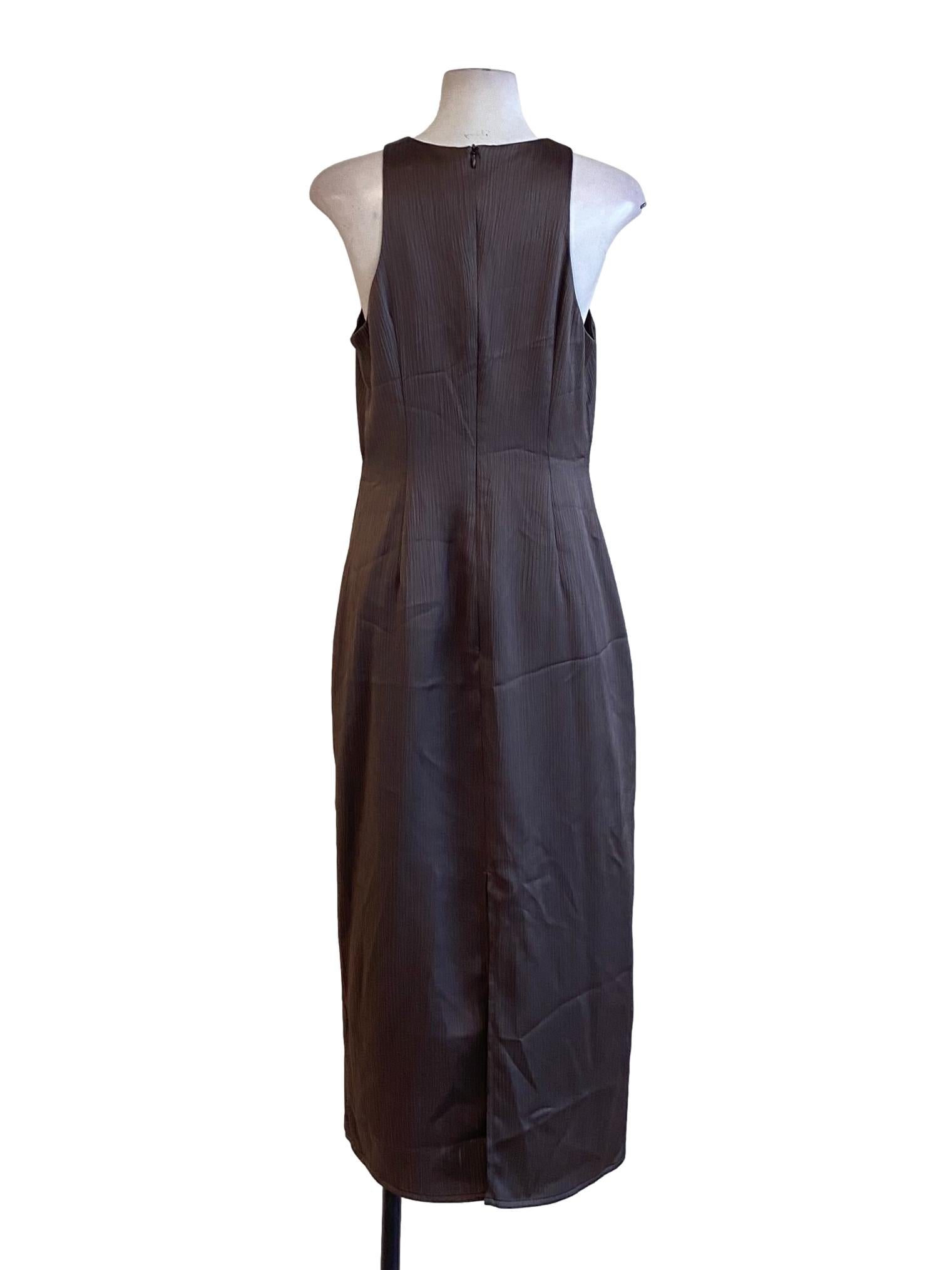 Wood Brown Sharkskin Round Neck Shift Dress