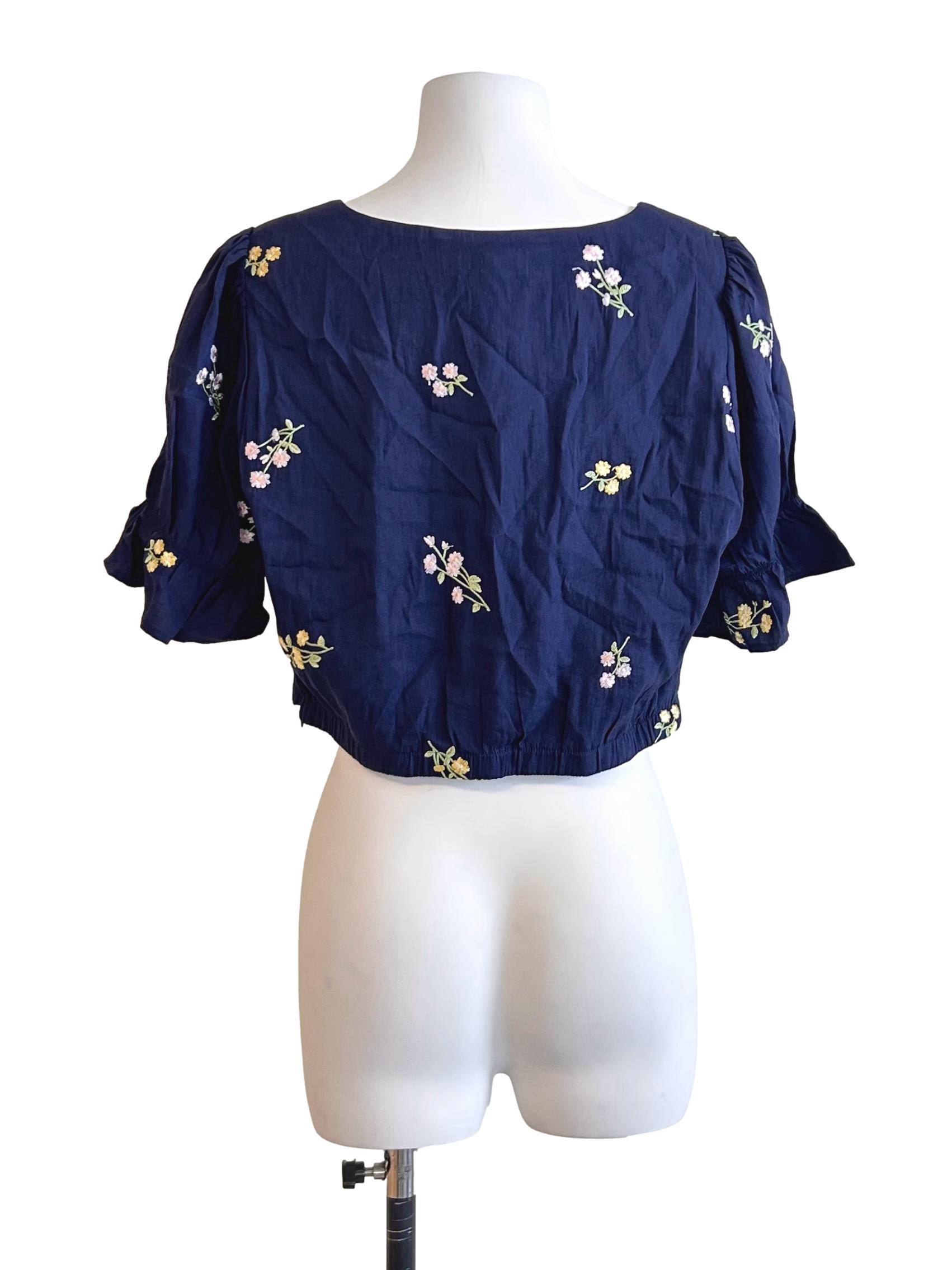 Navy Floral Embroidered Crop Top TCL