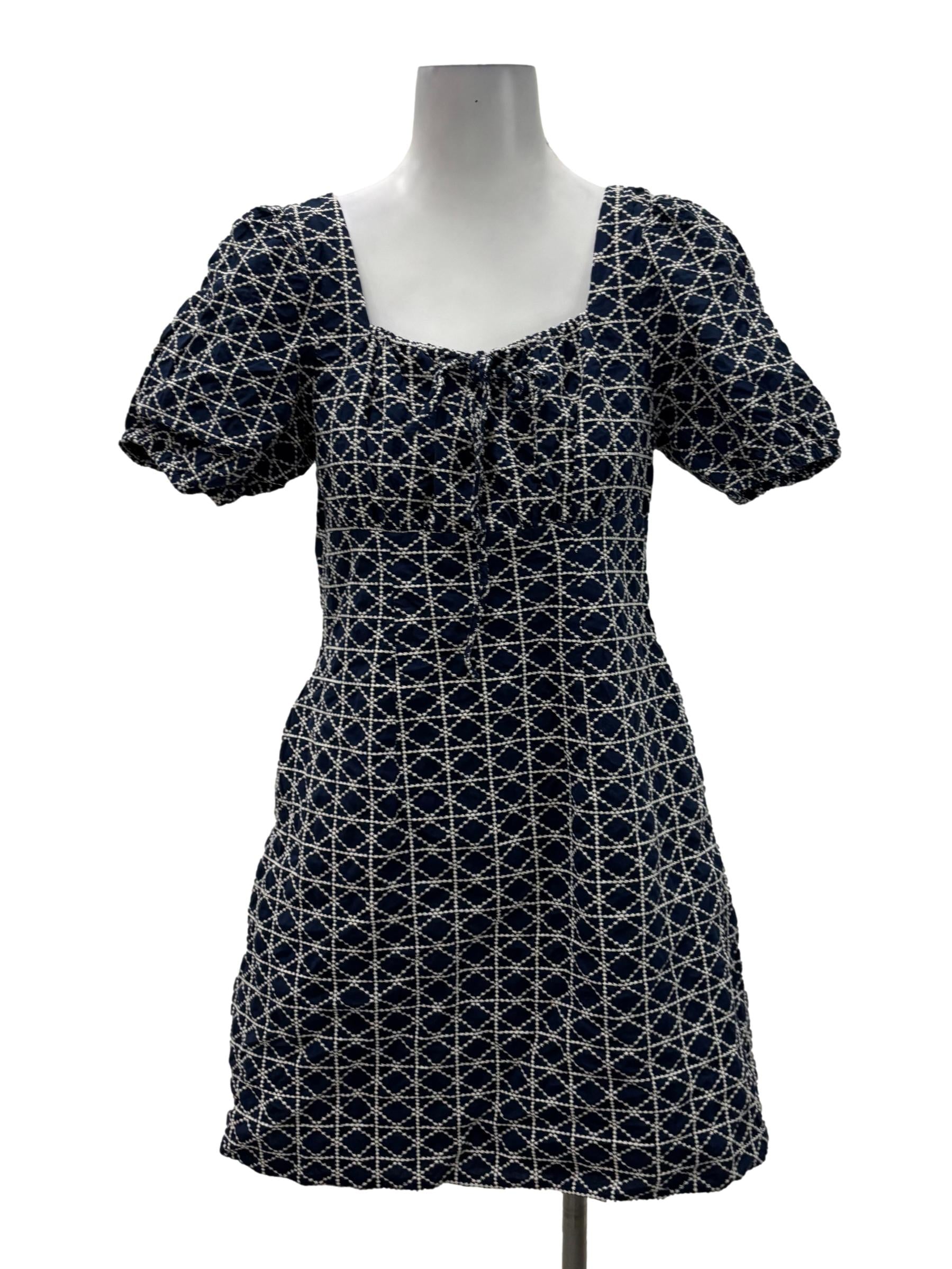Navy Blue And White Patterned Square Neck Mini Dress TSW