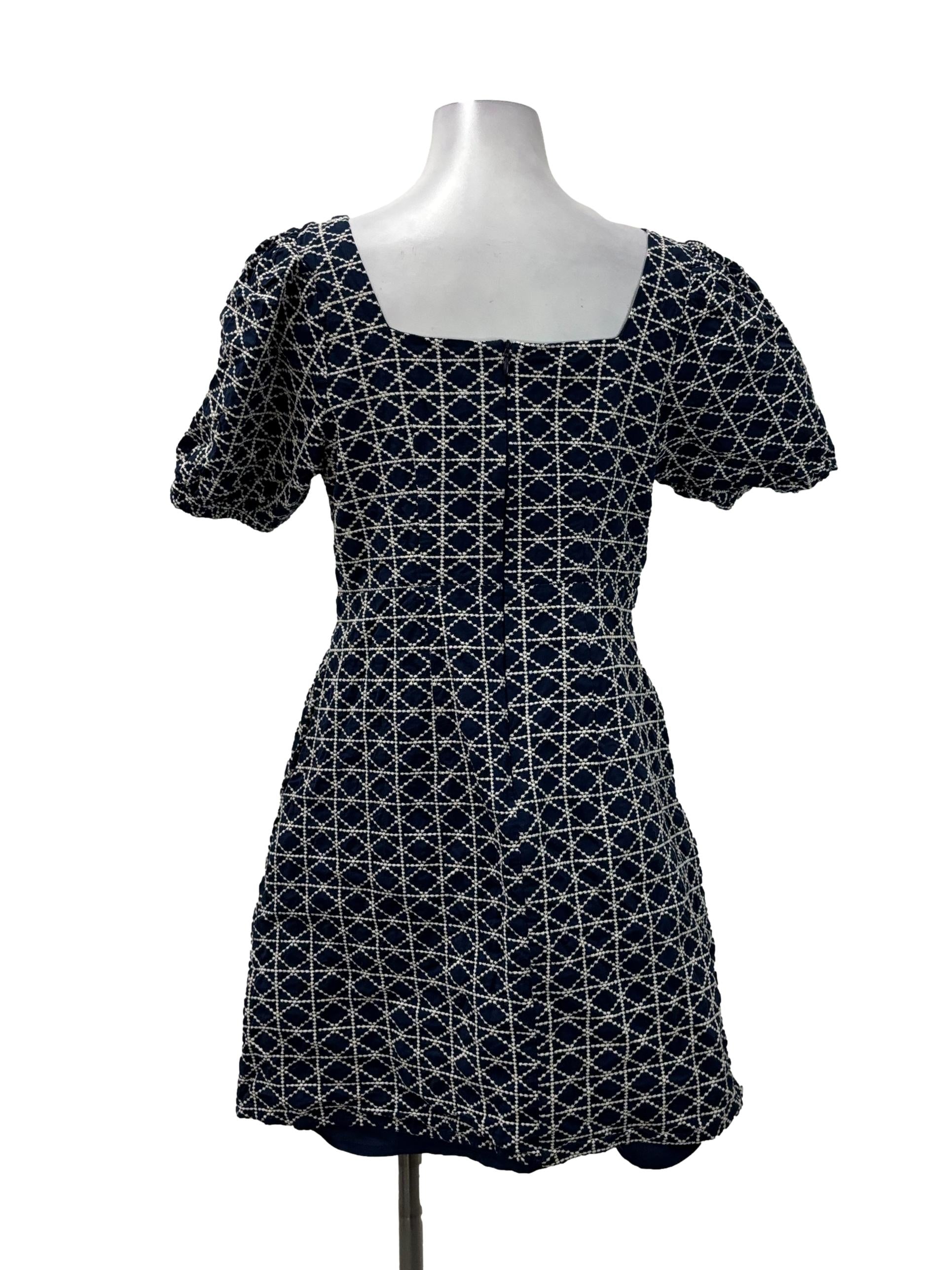 Navy Blue And White Patterned Square Neck Mini Dress TSW