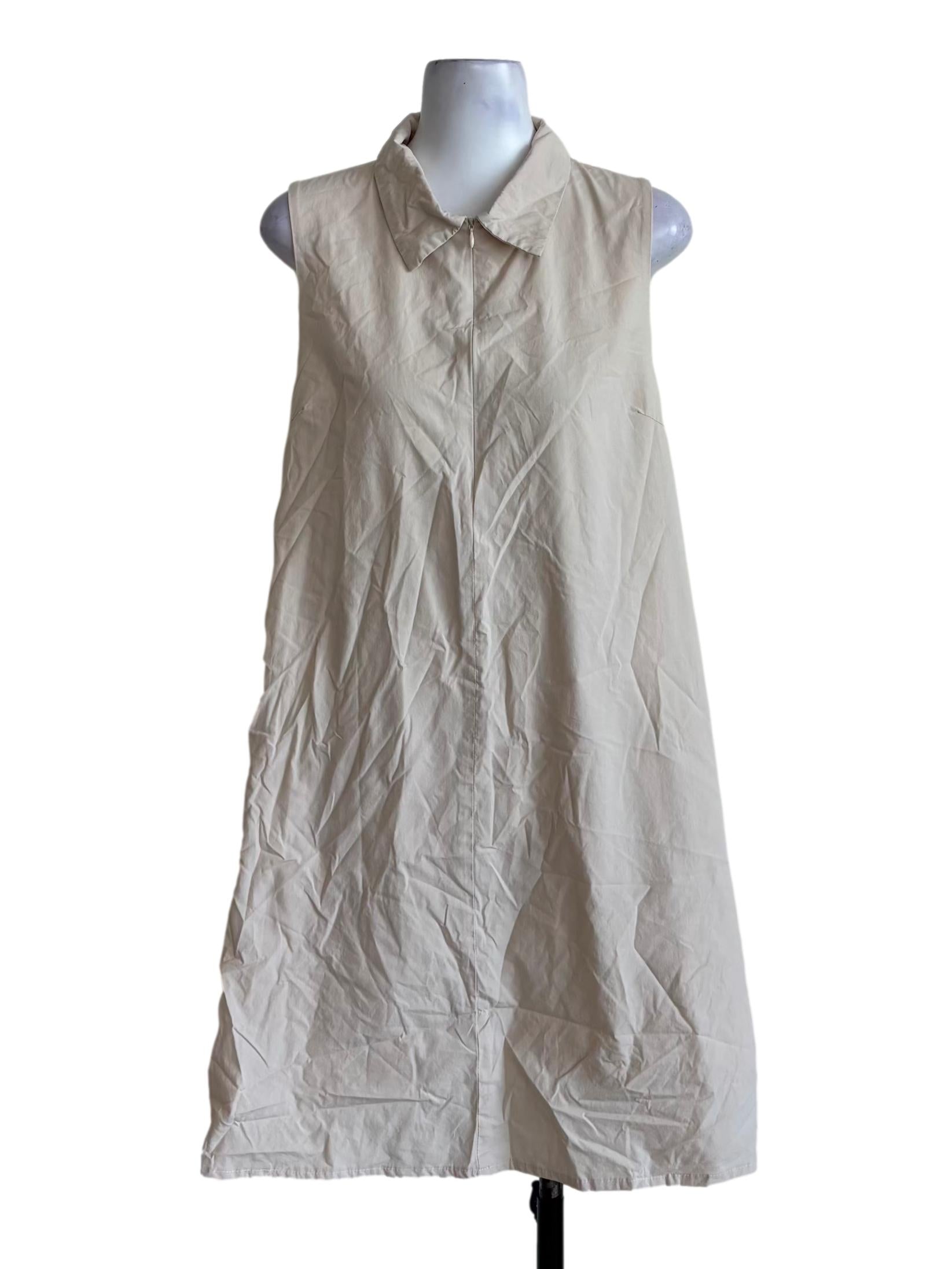 Light Beige Zip Up Sleeveless Cotton Dress
