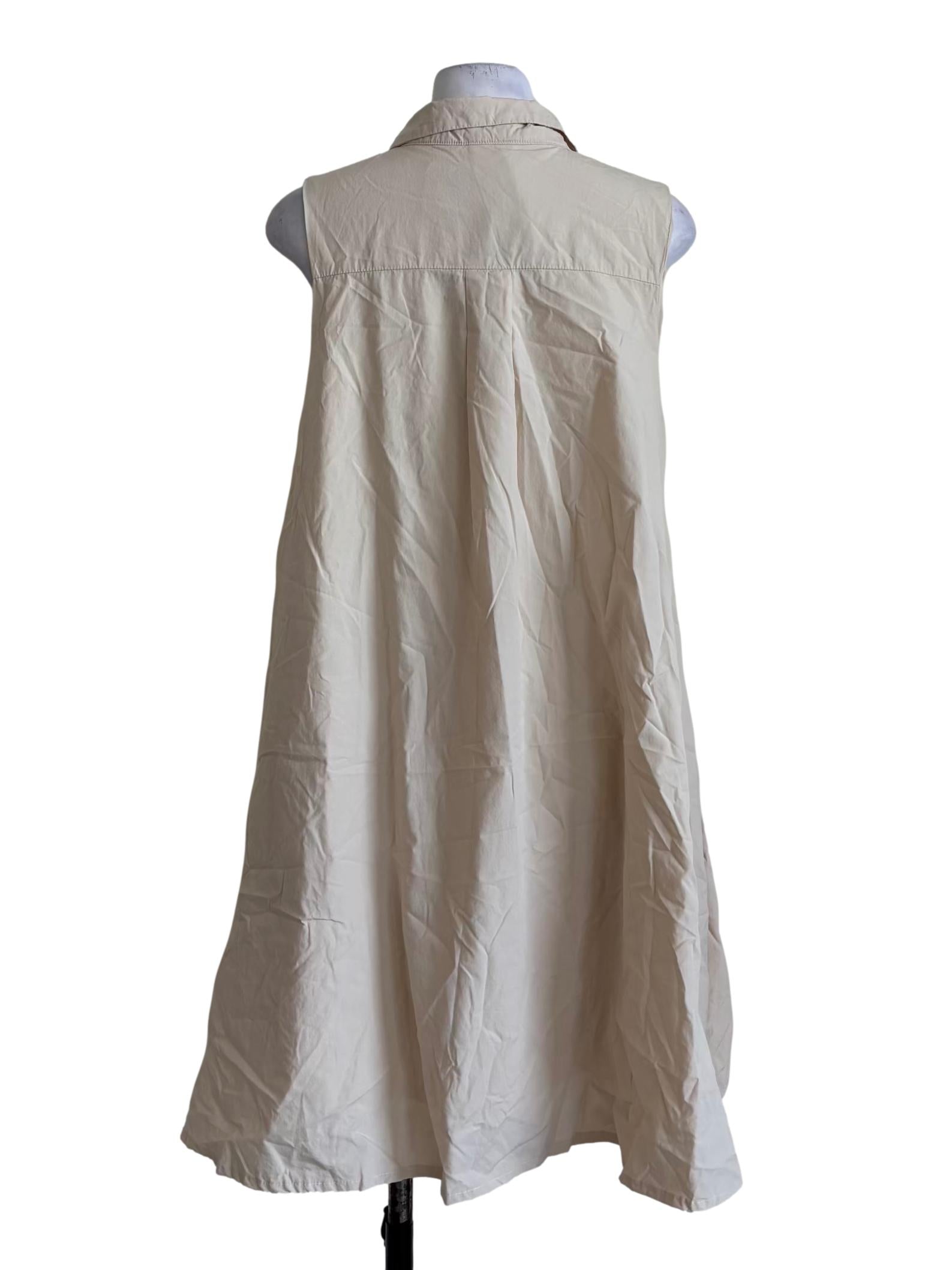 Light Beige Zip Up Sleeveless Cotton Dress