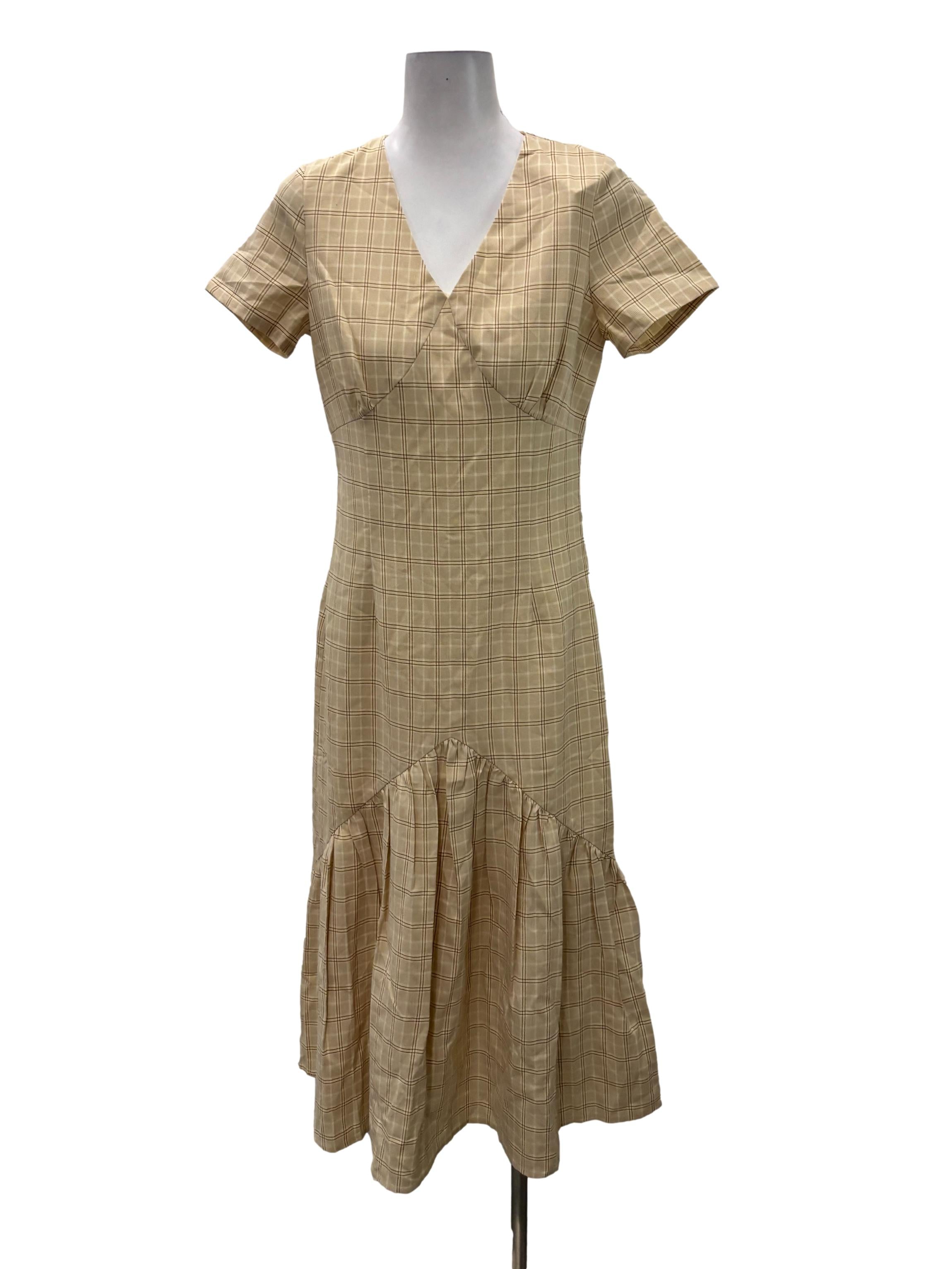 Beige And Brown Grid Pattern V-Neck Maxi Dress