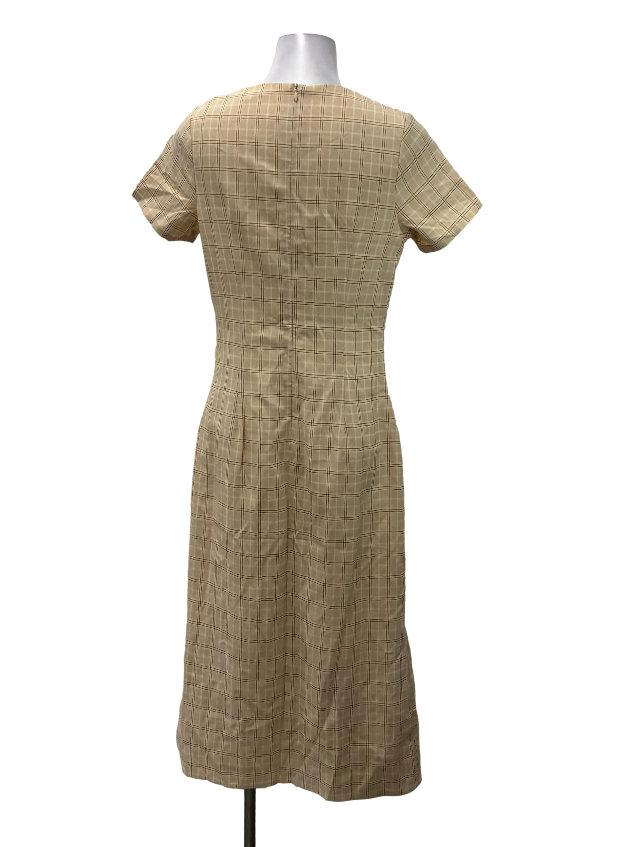 Beige And Brown Grid Pattern V-Neck Maxi Dress