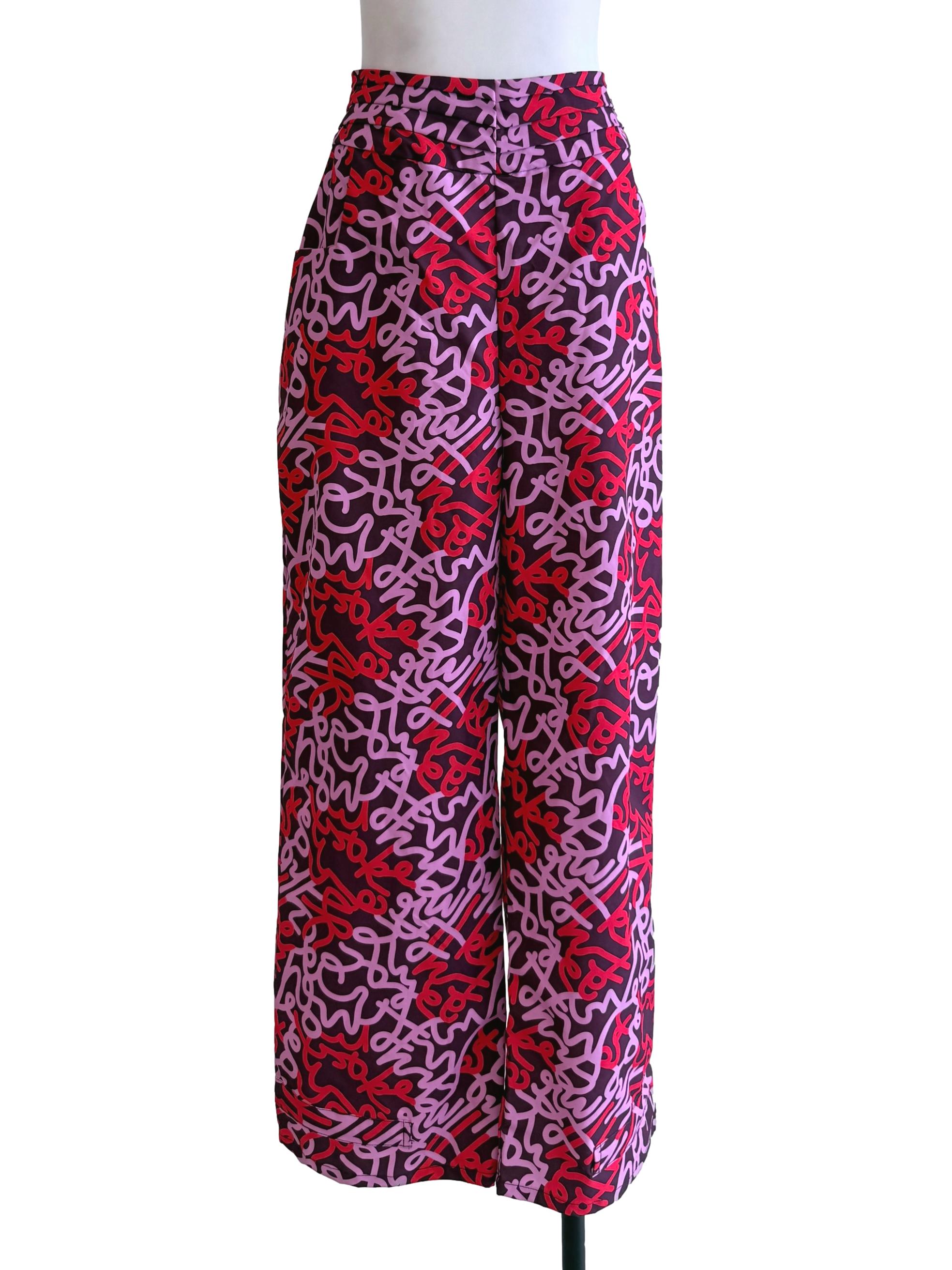 Pink Abstract Letter Pattern Mom Pants