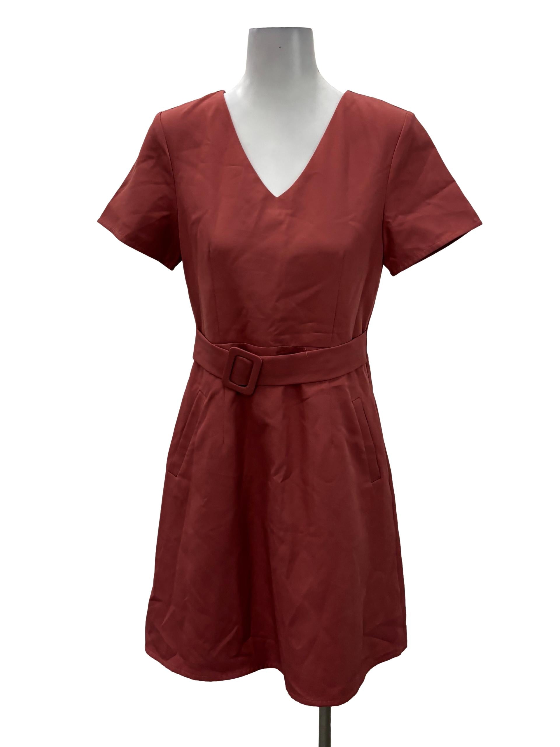 Rose Pink V-Neck Belted Mini Dress