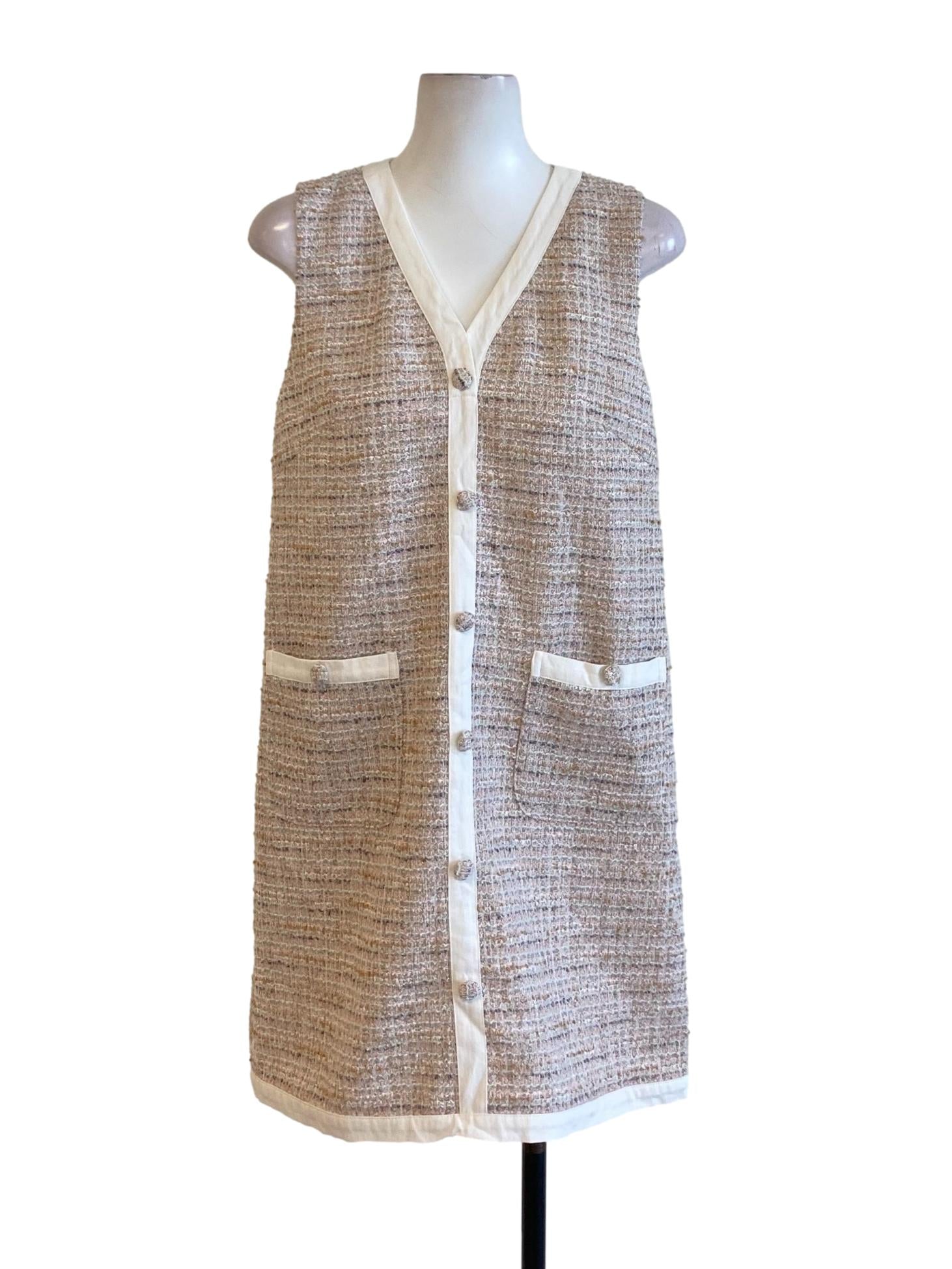 Light Lemonade Pink V-Neck Buttoned Down Shift Tweed Dress
