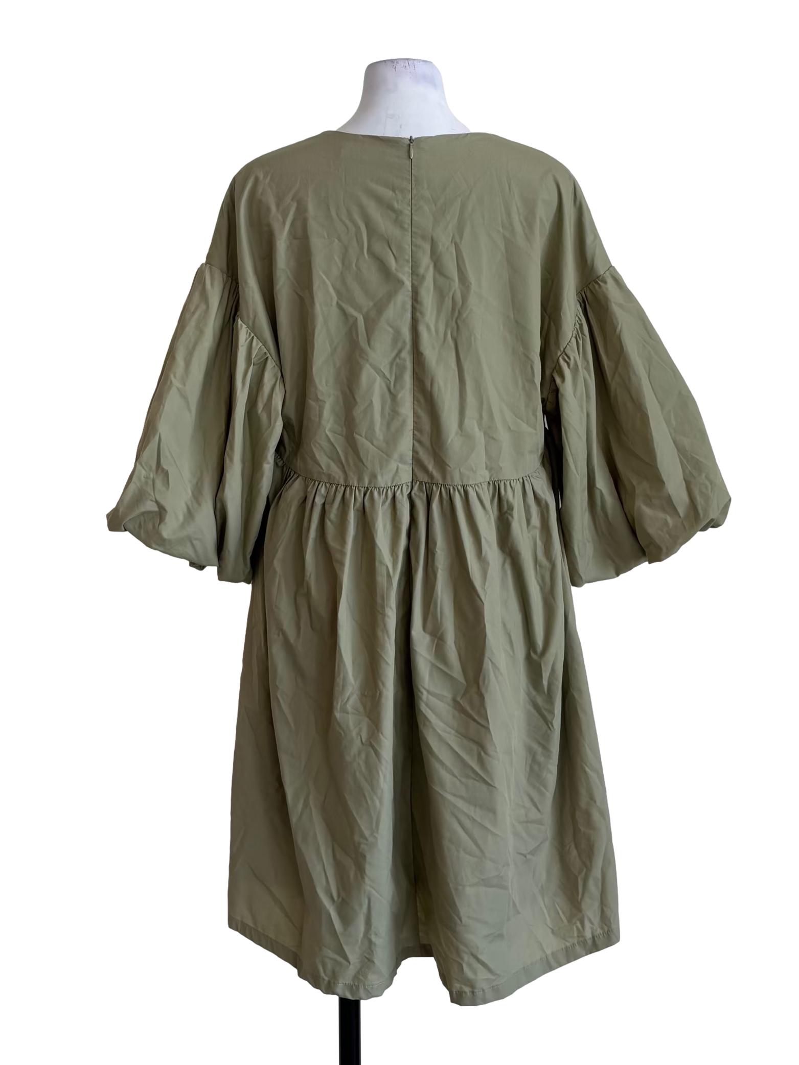 Pistachio Green Puff Sleeve Cotton Dress