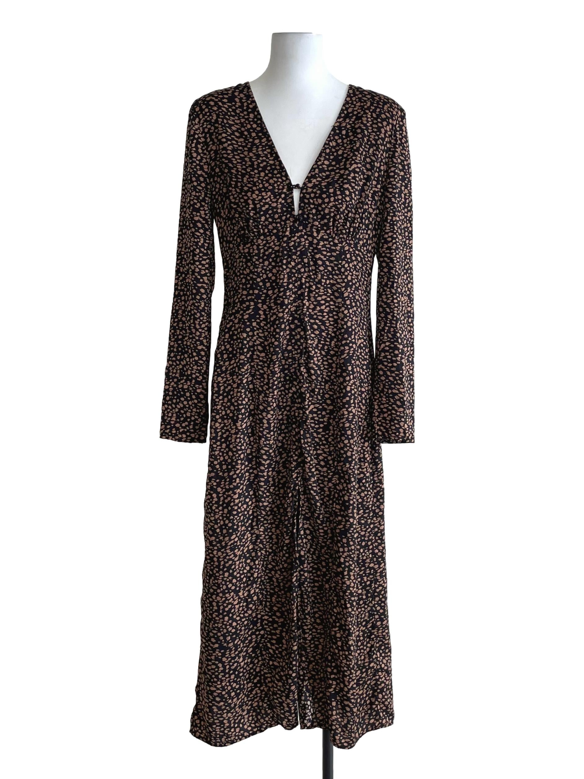 Black & Khaki Printed V Neck Dress