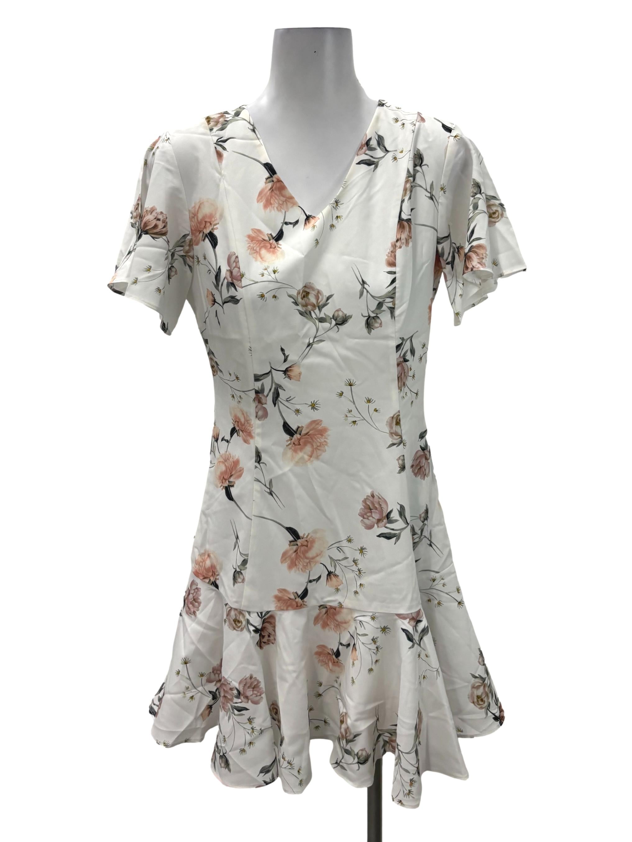 White V-Neck Floral Ruffle Mini Dress