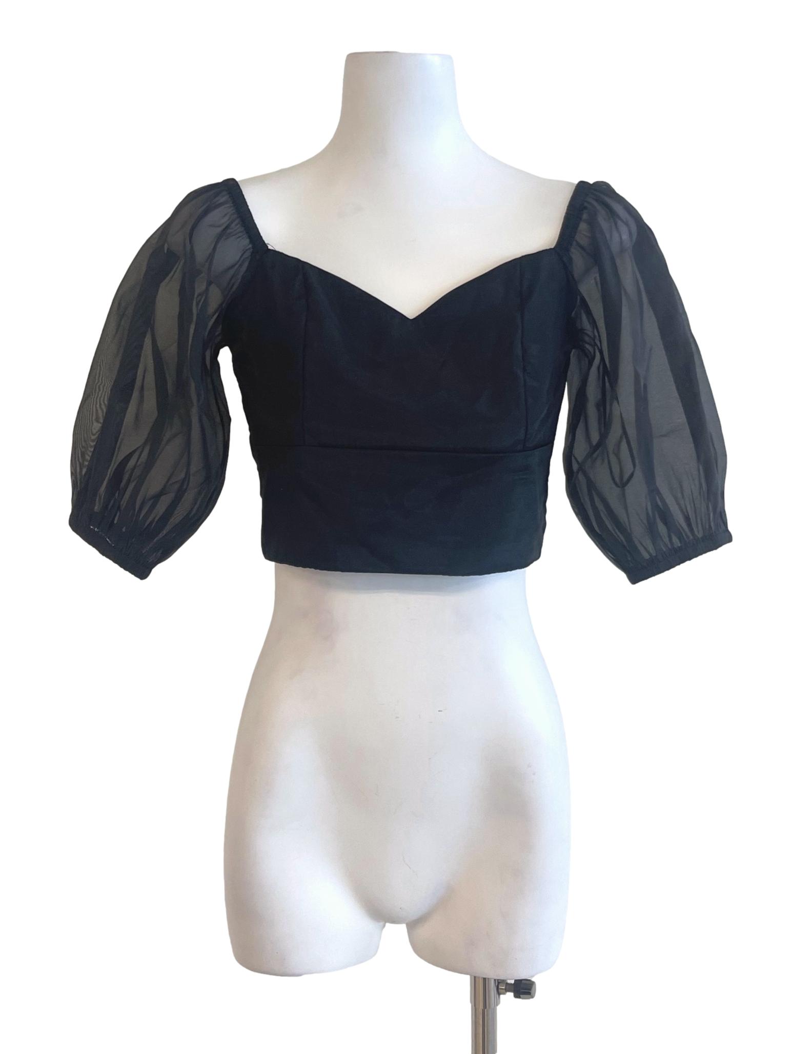 Black Sweetheart Neck Sheer Sleeve Top