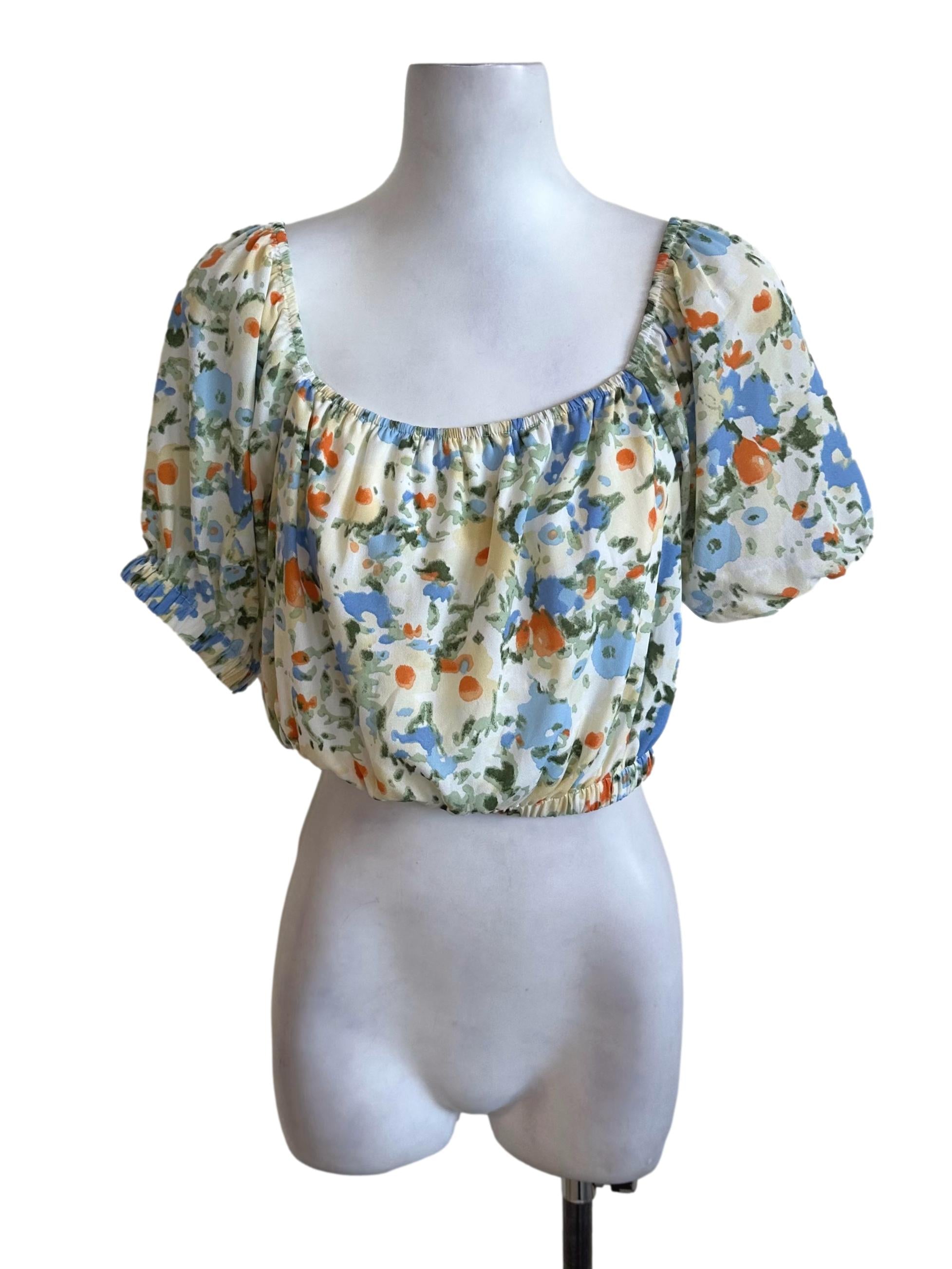 Cream White Pattern Puff Sleeve Top TCL