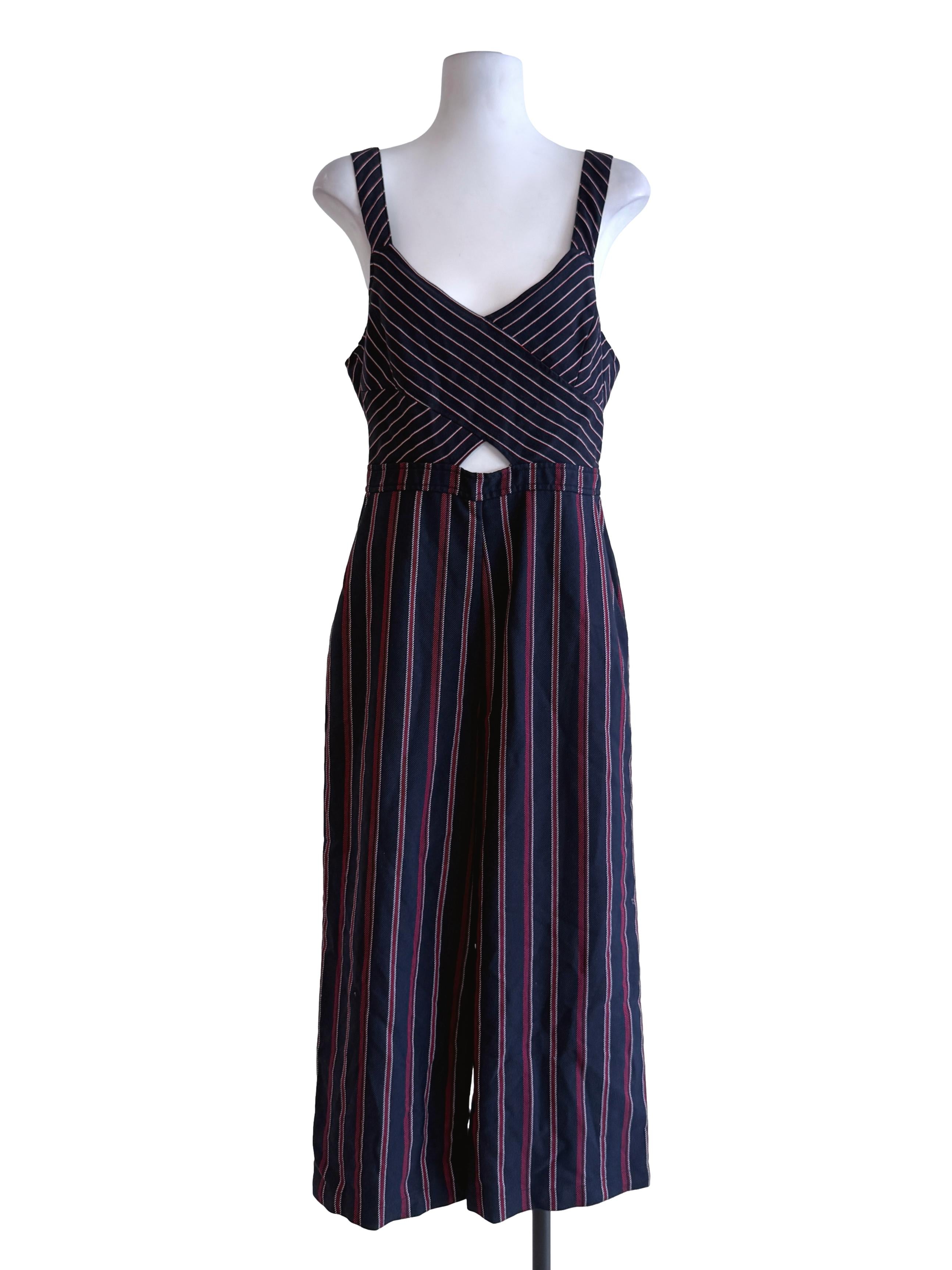 Deep Blue Red Stripe Wool Jumpsuit