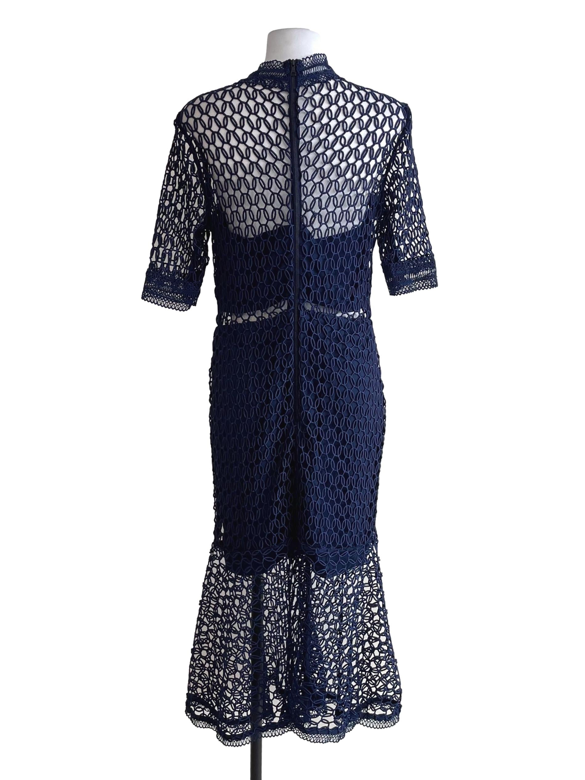 Navy Blue Embroidery Flounced Dress