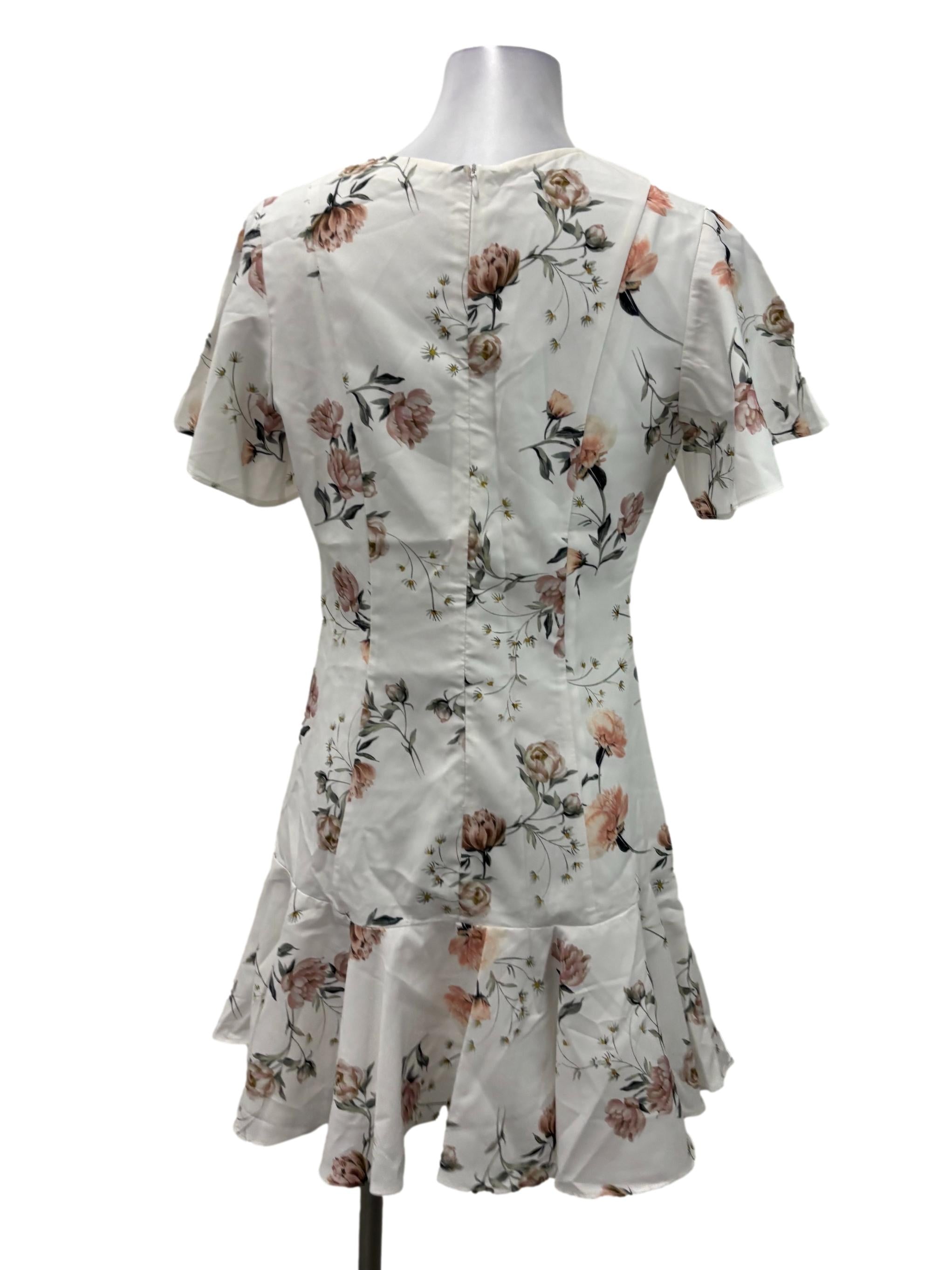 White V-Neck Floral Ruffle Mini Dress