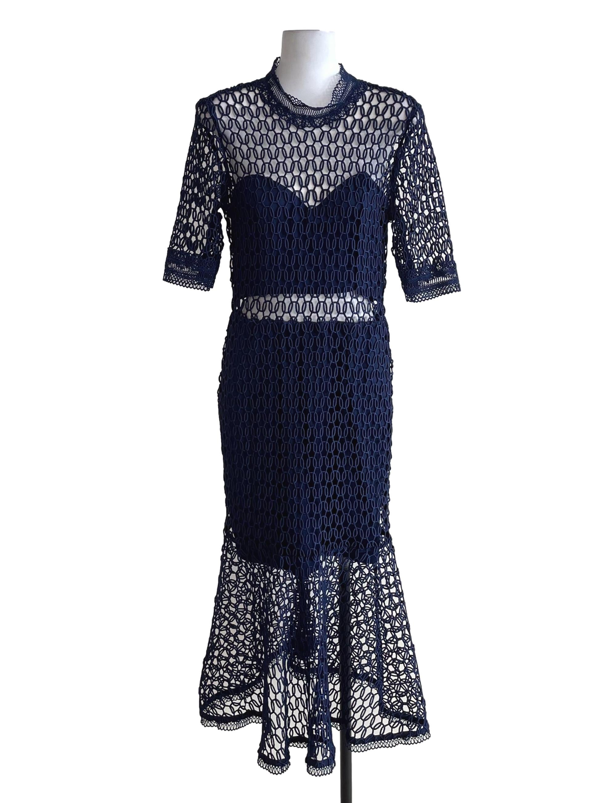 Navy Blue Embroidery Flounced Dress
