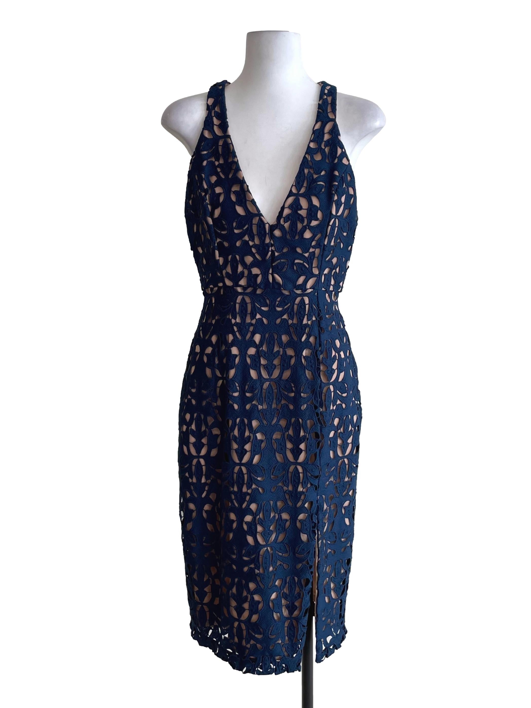 Warm Blue Embroidery V Neck Sheath Dress