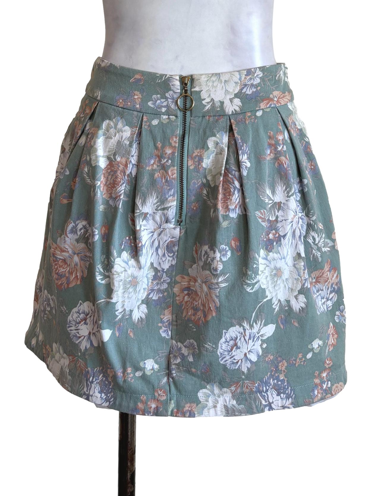 Green Floral Box Pleated Skirt LB