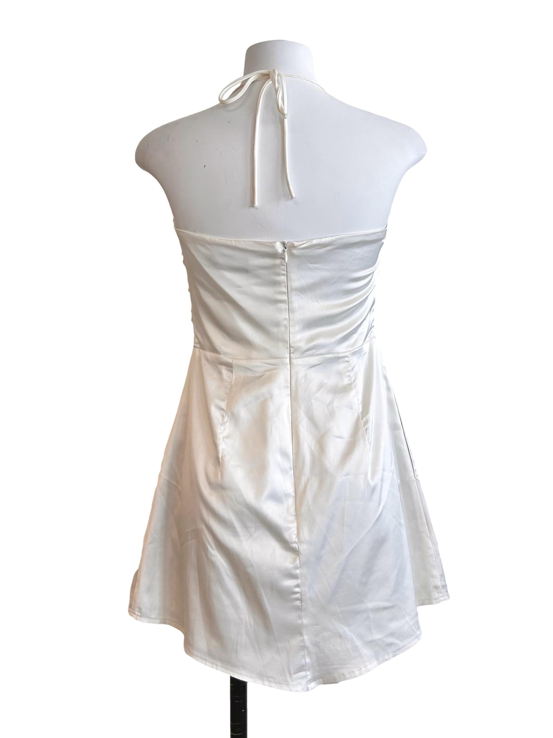 White Ruched Halter Mini Dress