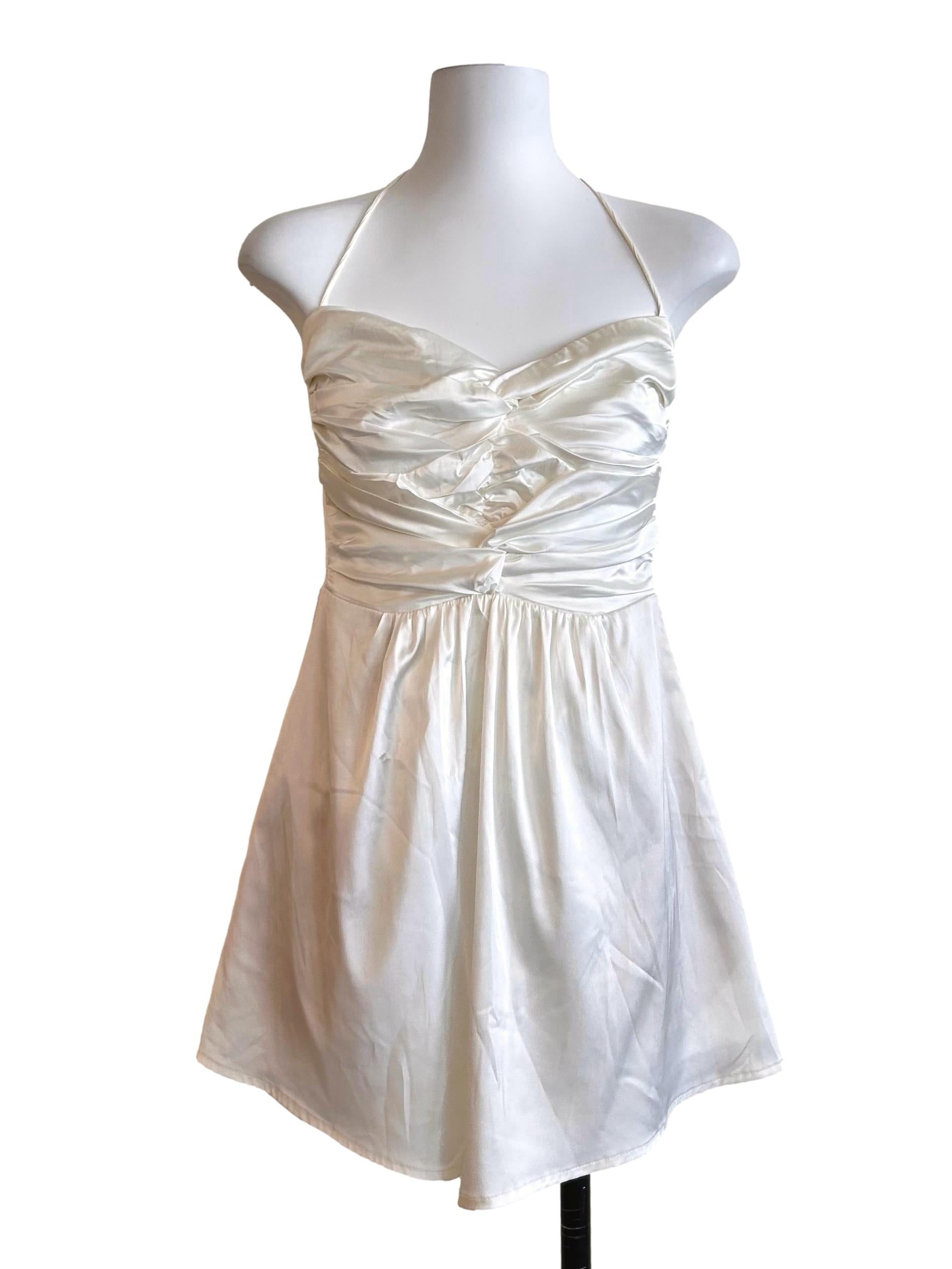 White Ruched Halter Mini Dress