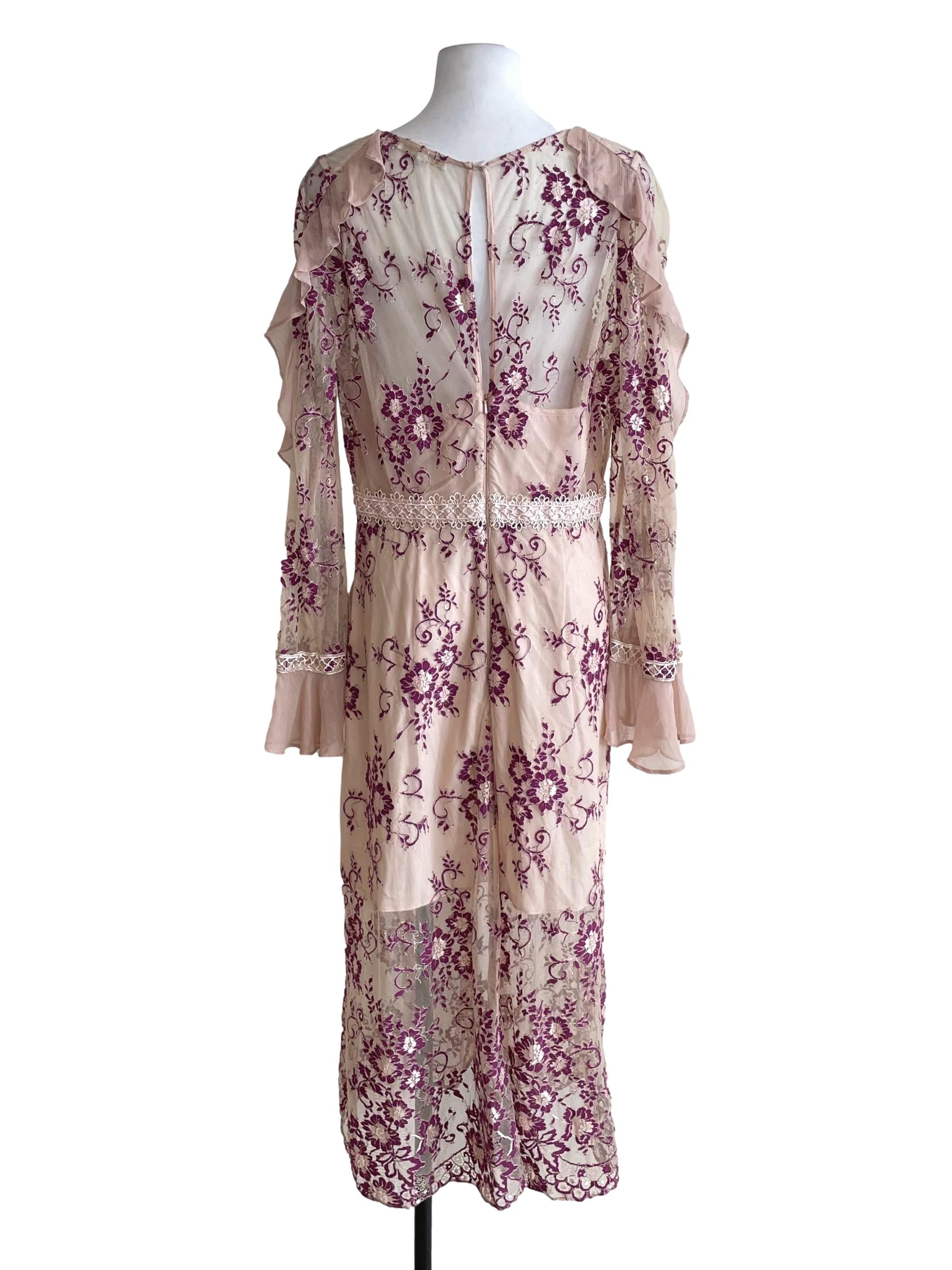 Nude Beige & Violet Bell Sleeves Lace Dress