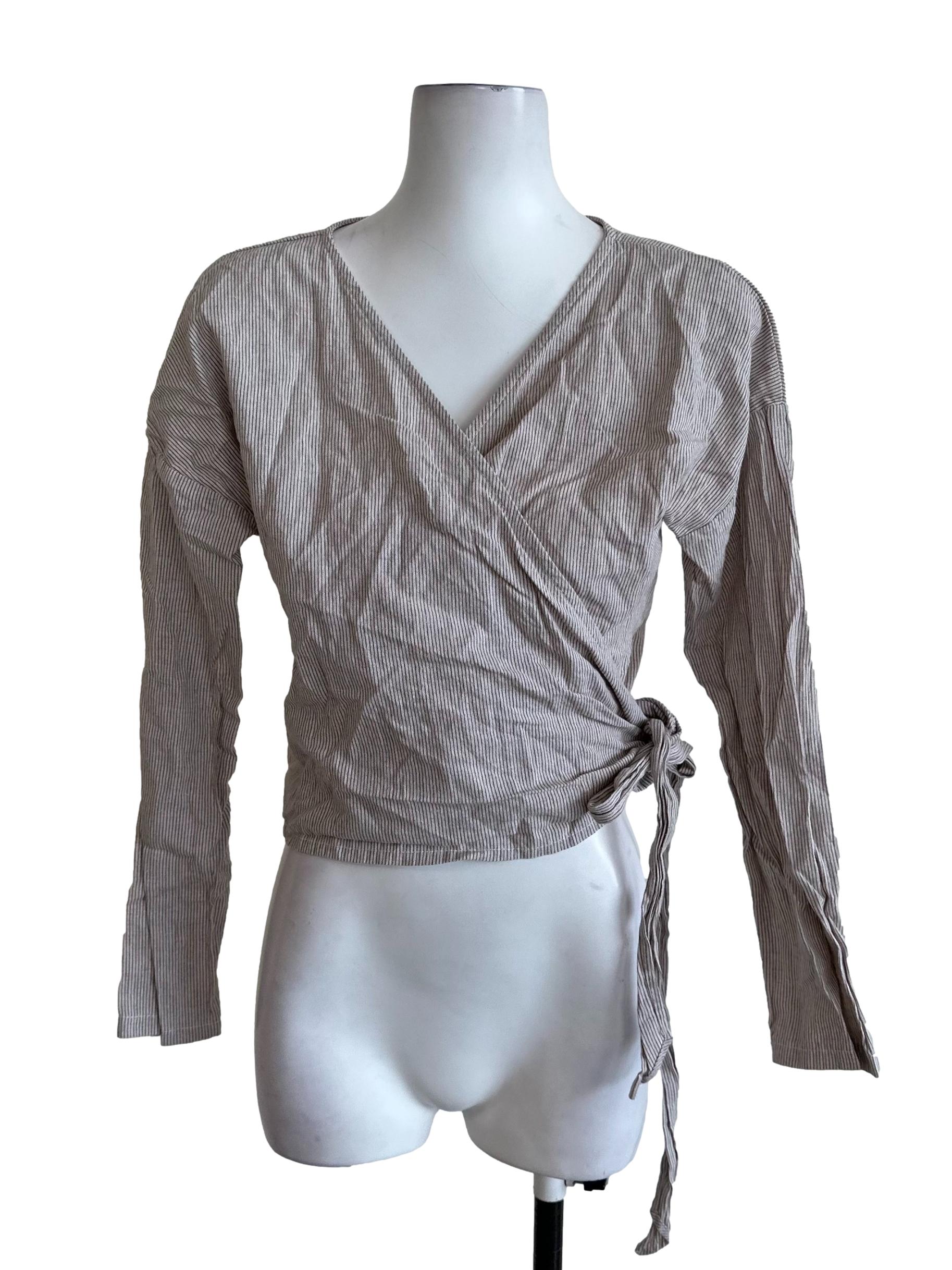 Hazel Beige Stripe V Neck Wrap Top