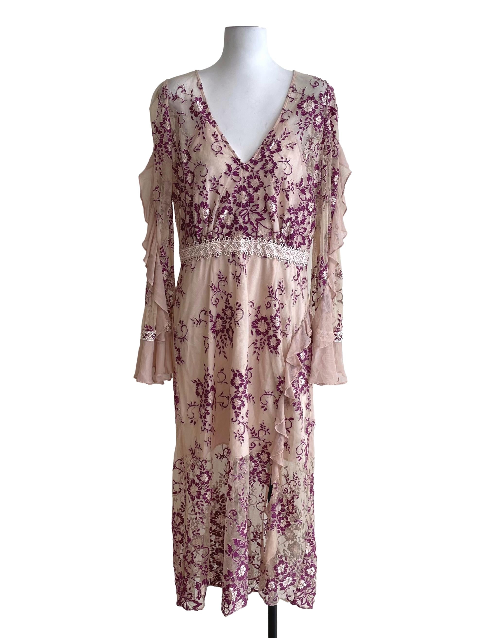 Nude Beige & Violet Bell Sleeves Lace Dress