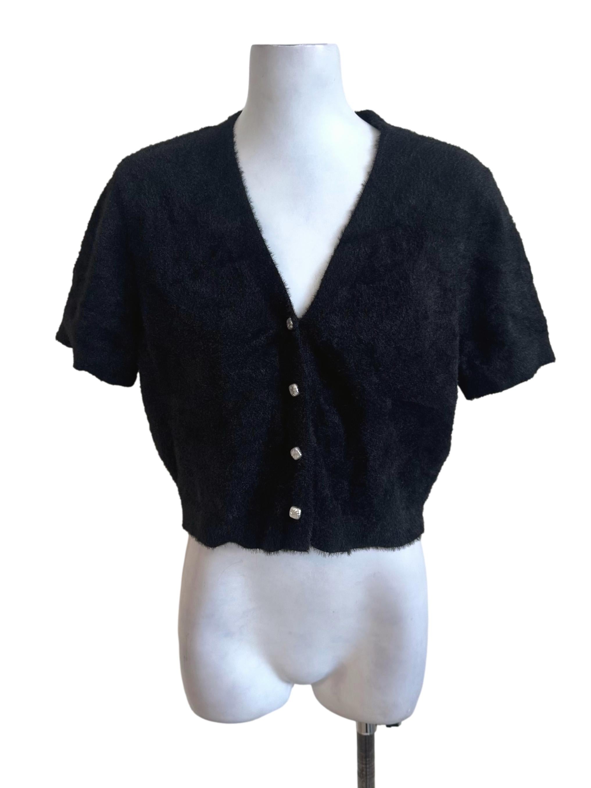 Black Furry V Neck Top TCL