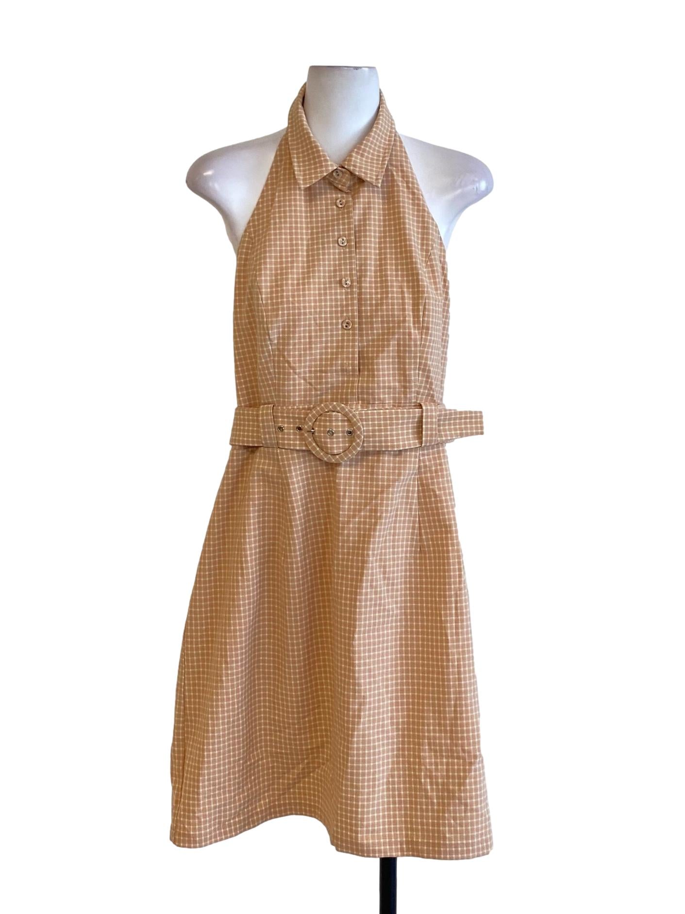 Cantaloupe Orange Plaid Buttoned Down Wing Collar Shirt Dress
