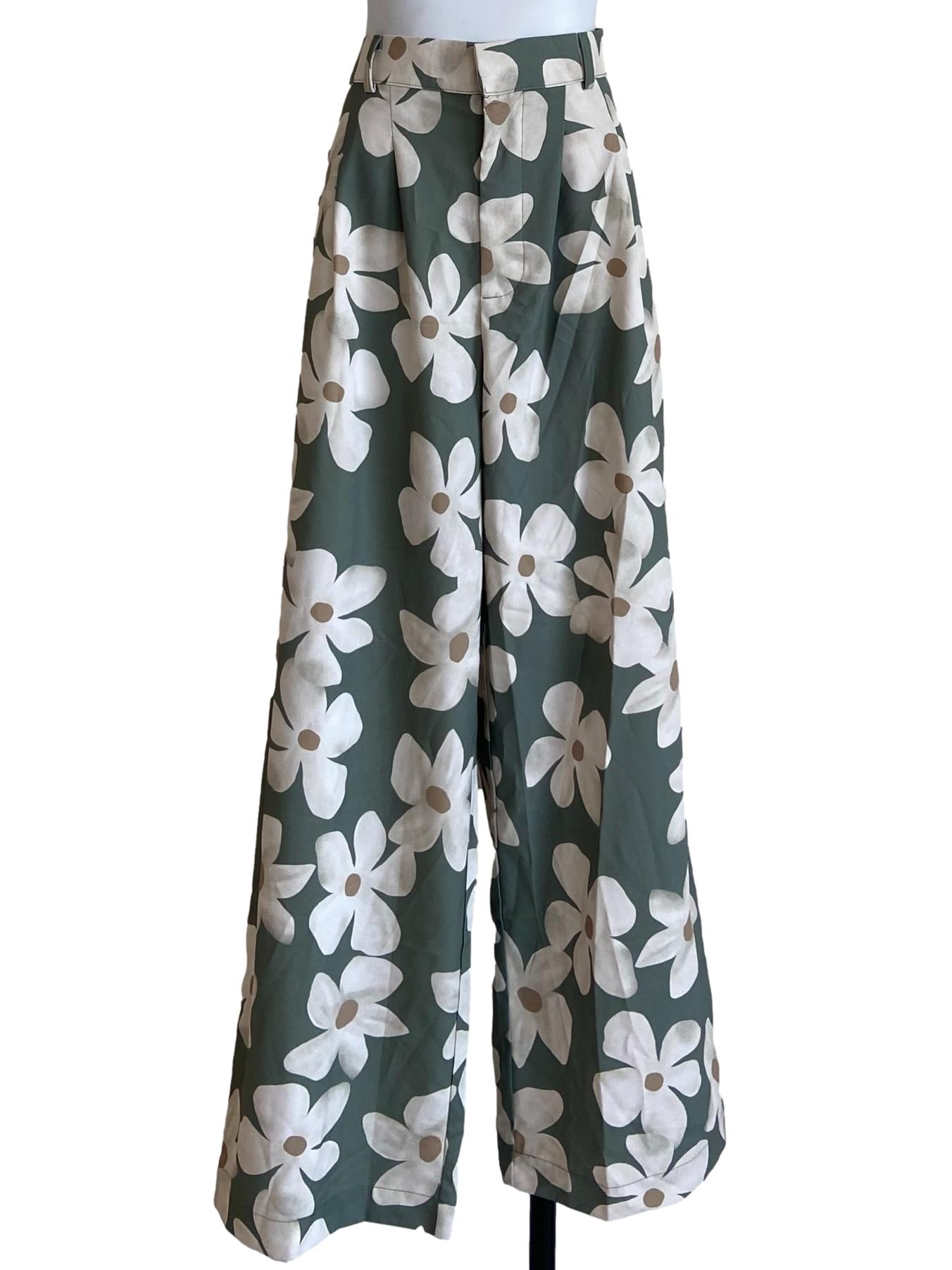 Mint Green Floral Straight Pants