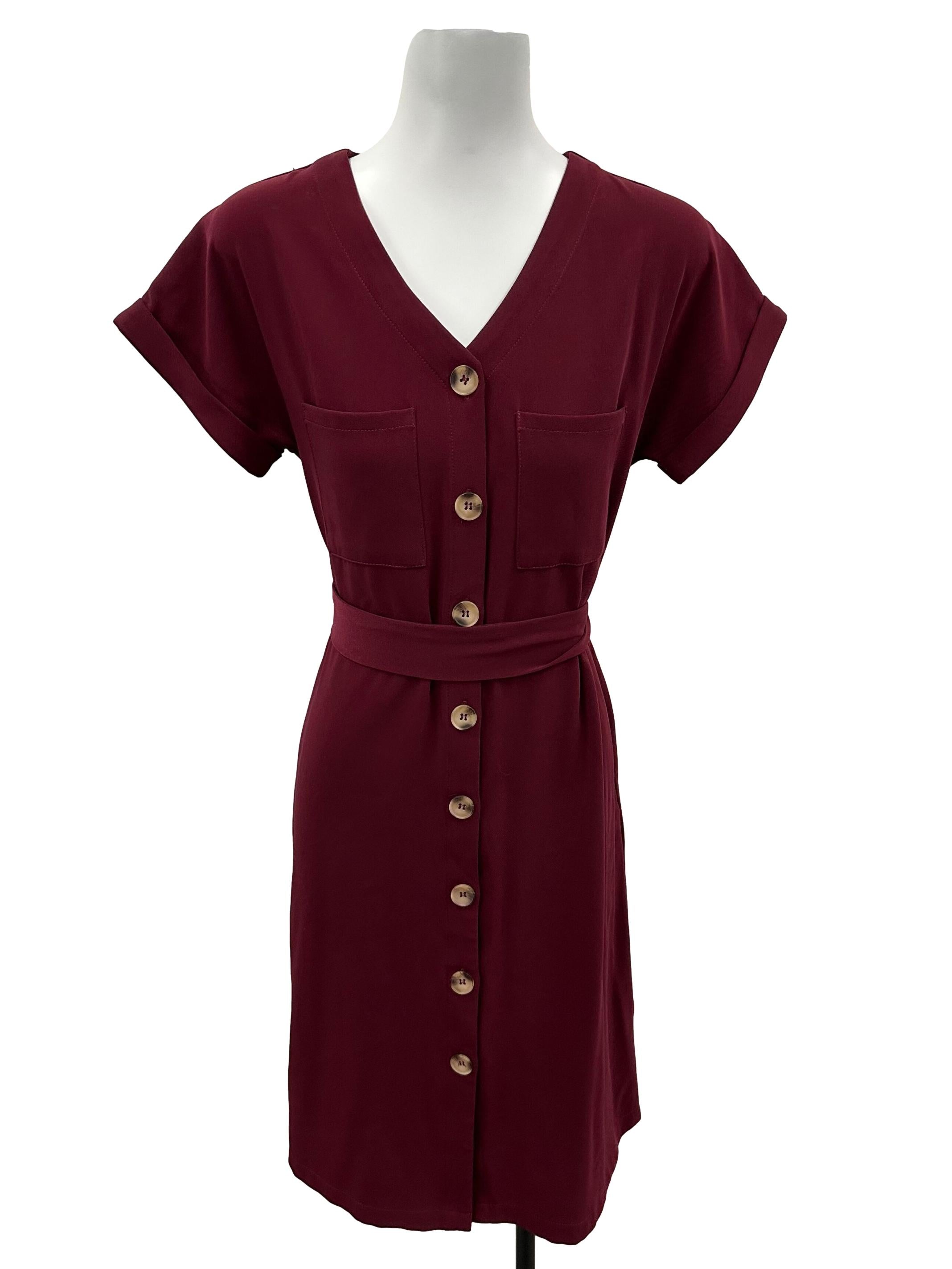 Maroon Button Belted Dress