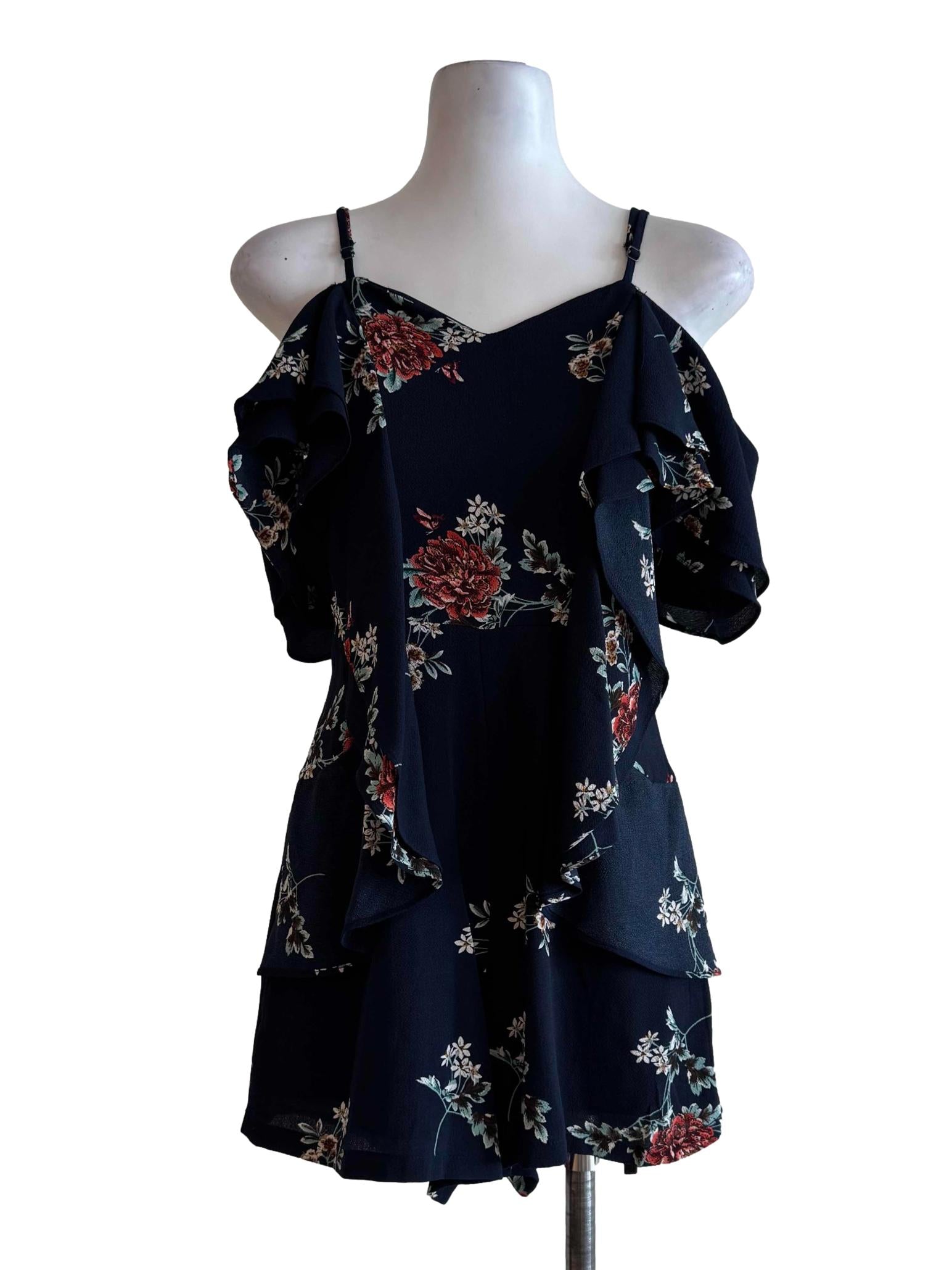Blue Black Floral Motifs Rompers