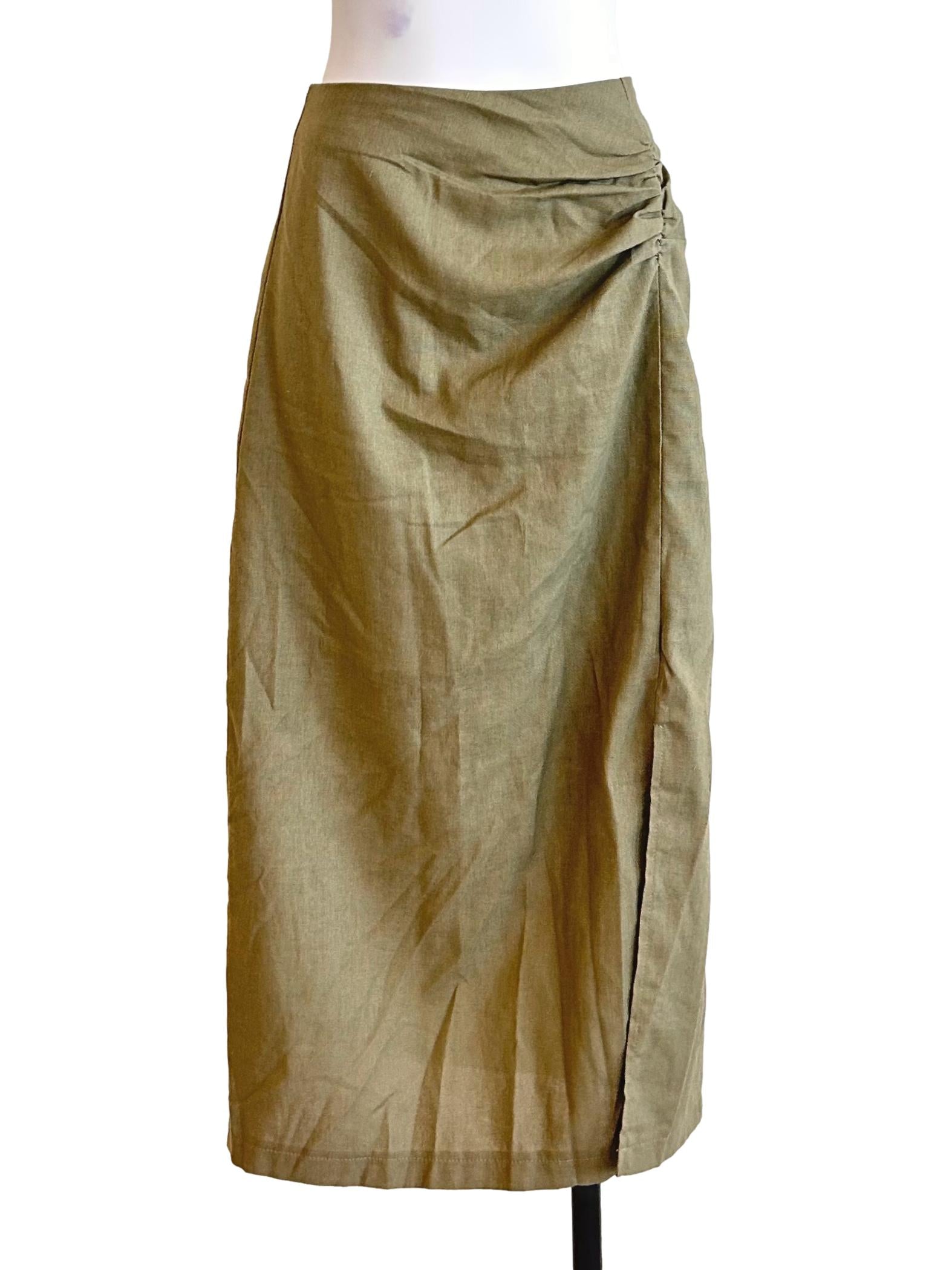 Olive Green Ruched Midi Skirt TWL