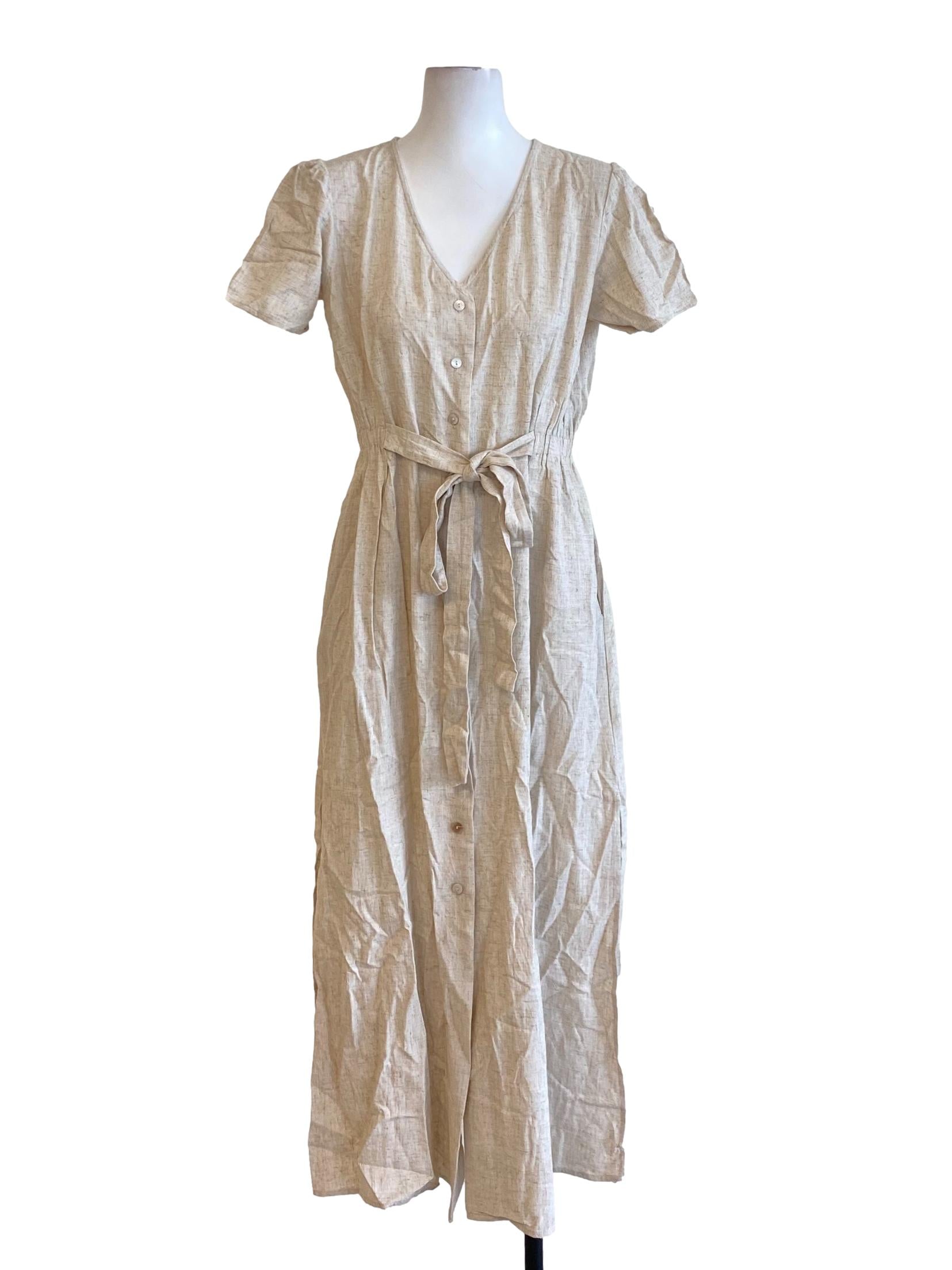 Beige Brown V-Neck Buttoned Down Shirt Dress