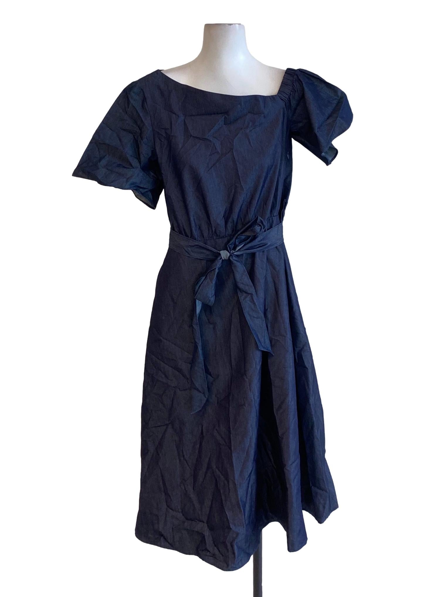 Denim Blue One Shoulder Peasant Tie Waist A-Line Dress