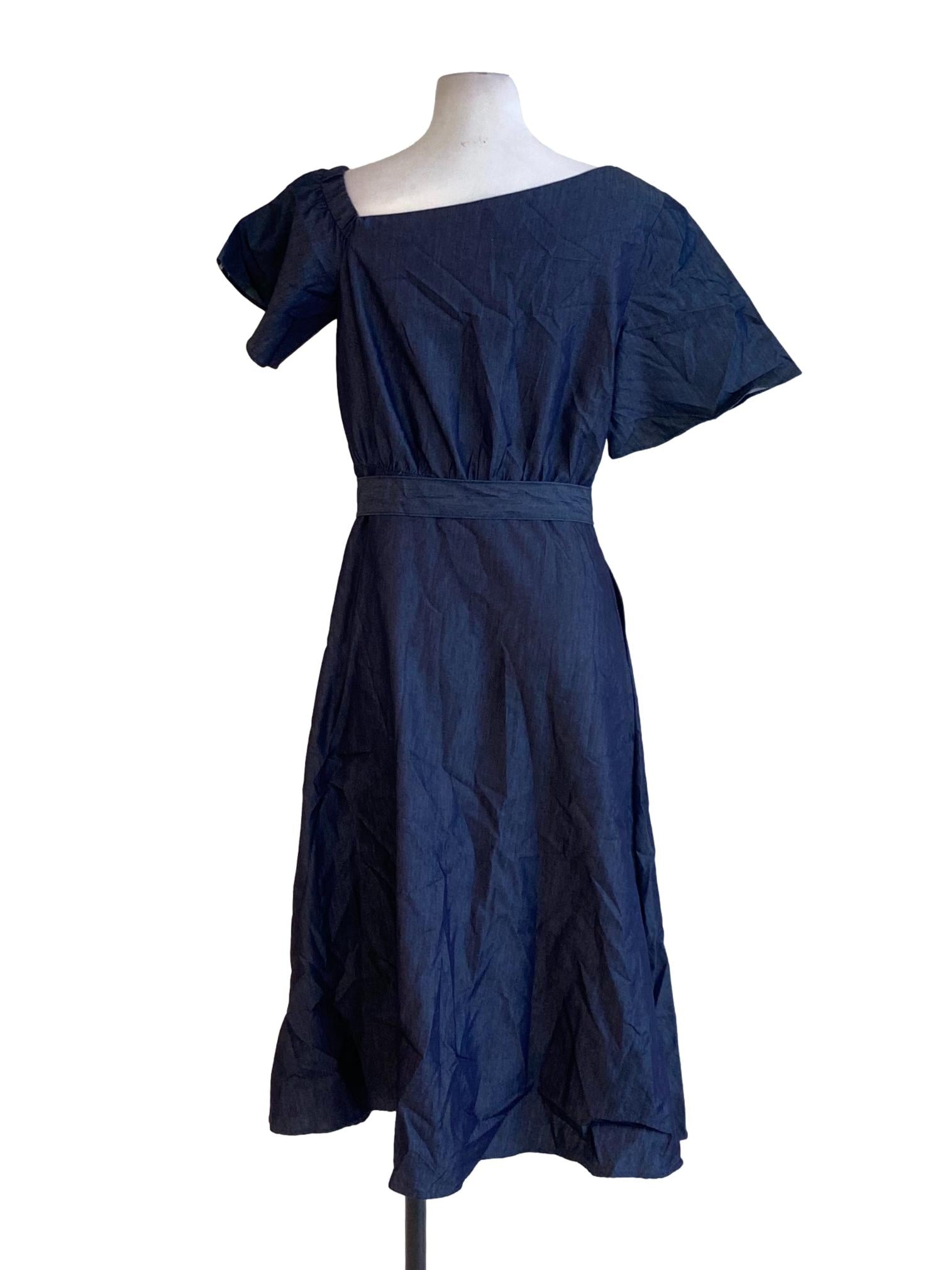 Denim Blue One Shoulder Peasant Tie Waist A-Line Dress