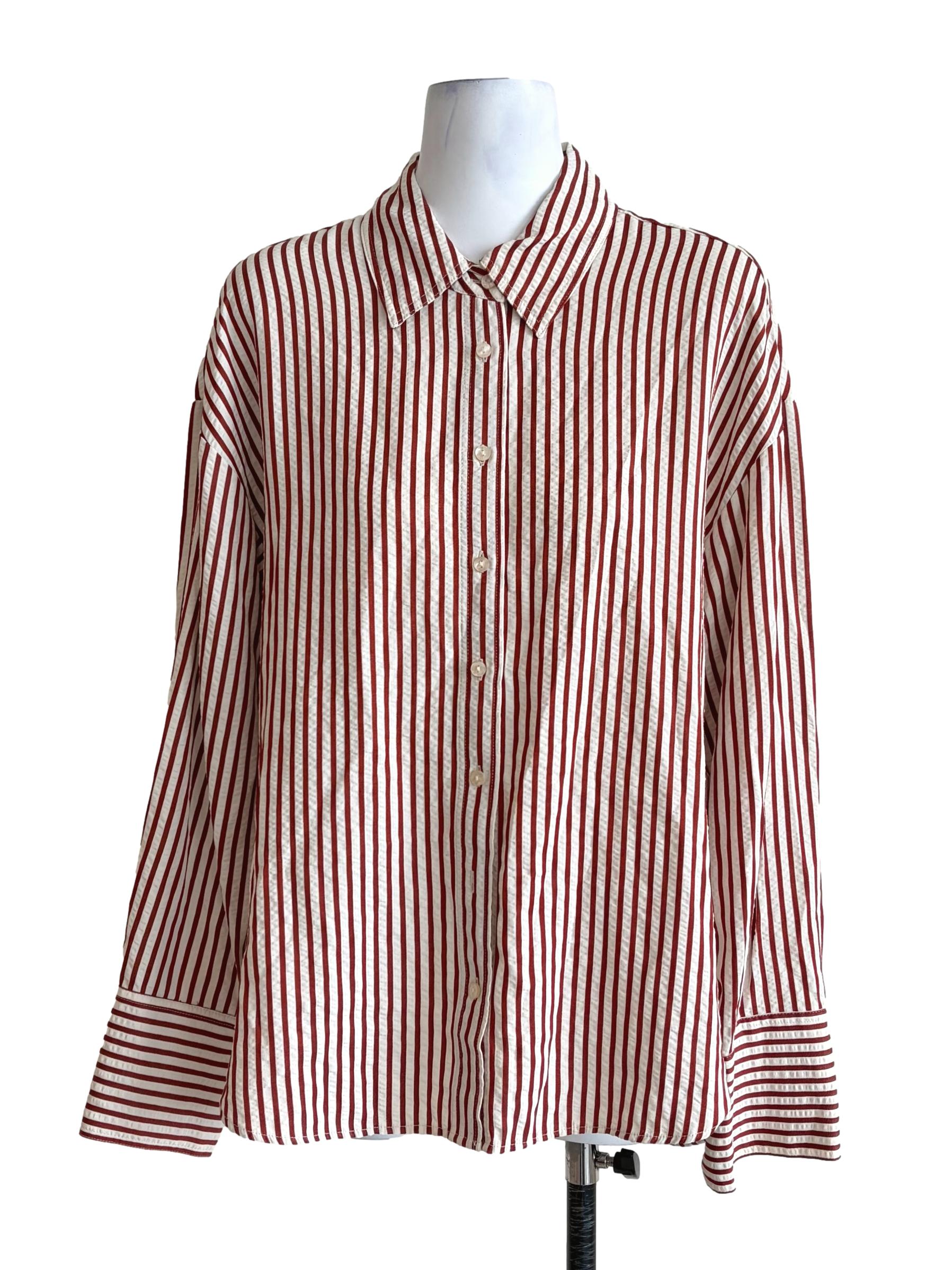 Brick Red White Stripes Button Down Shirt