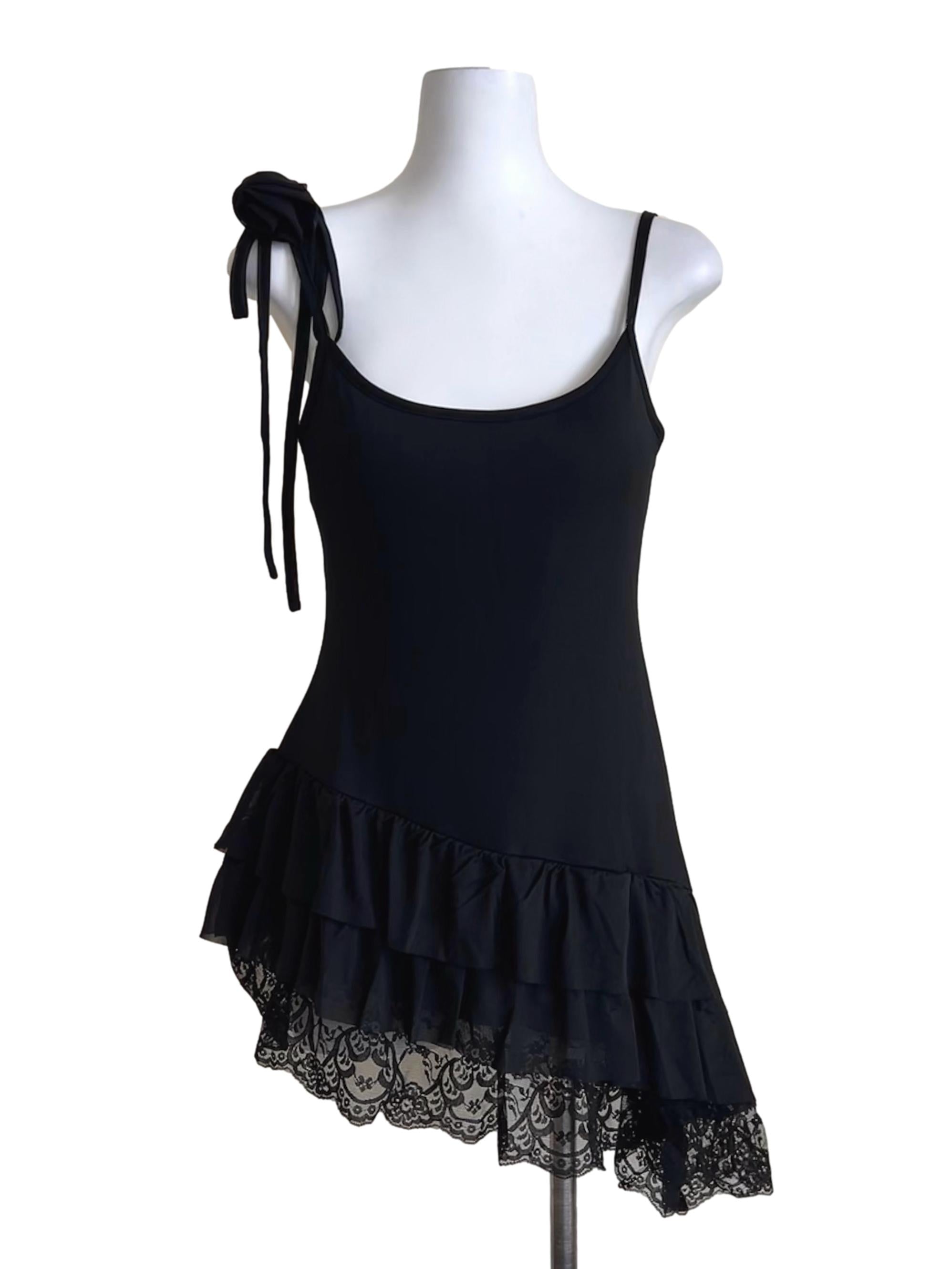 Black Asymmetric Ruffle Lace Dress Top YHF