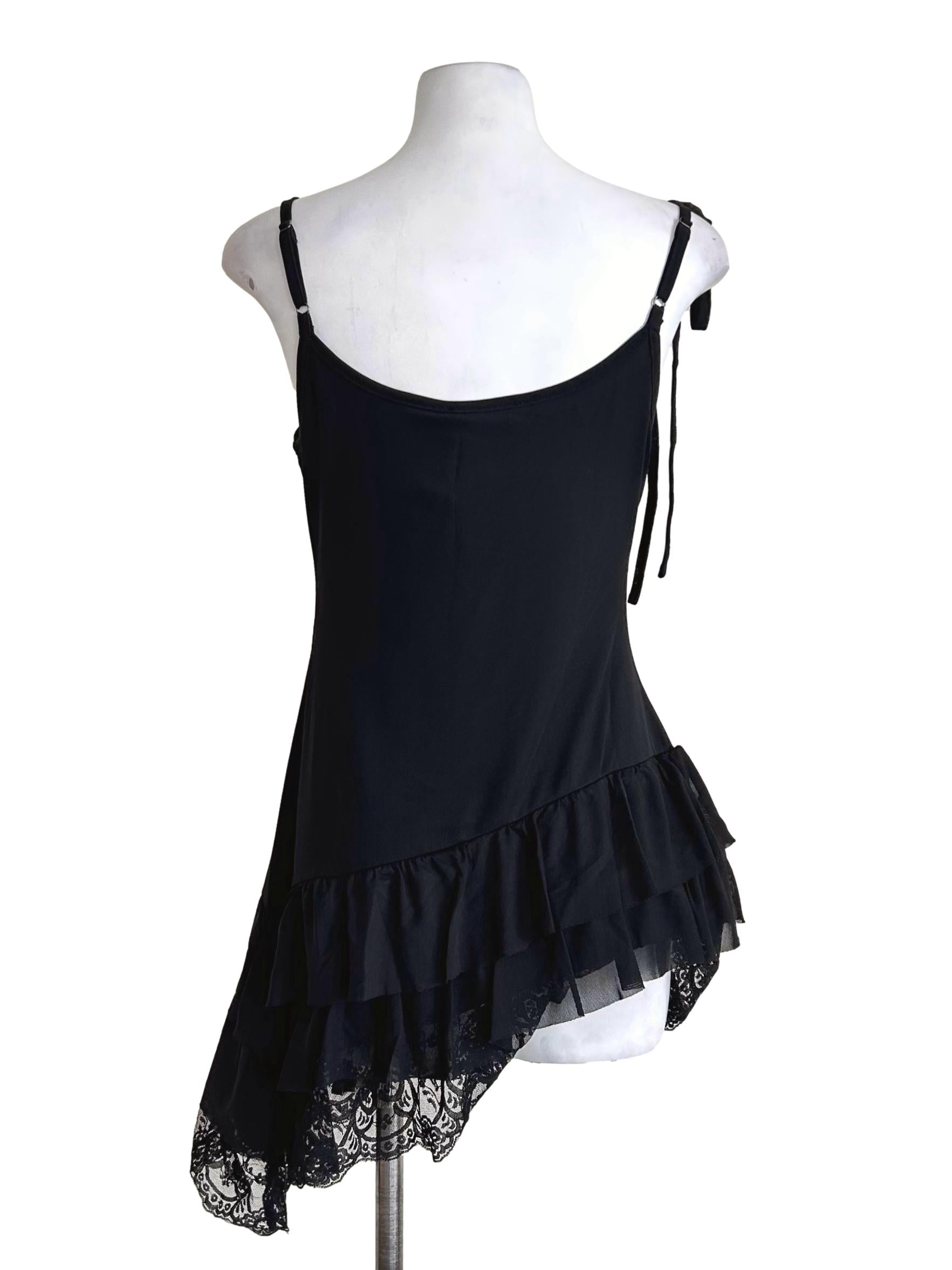Black Asymmetric Ruffle Lace Dress Top YHF