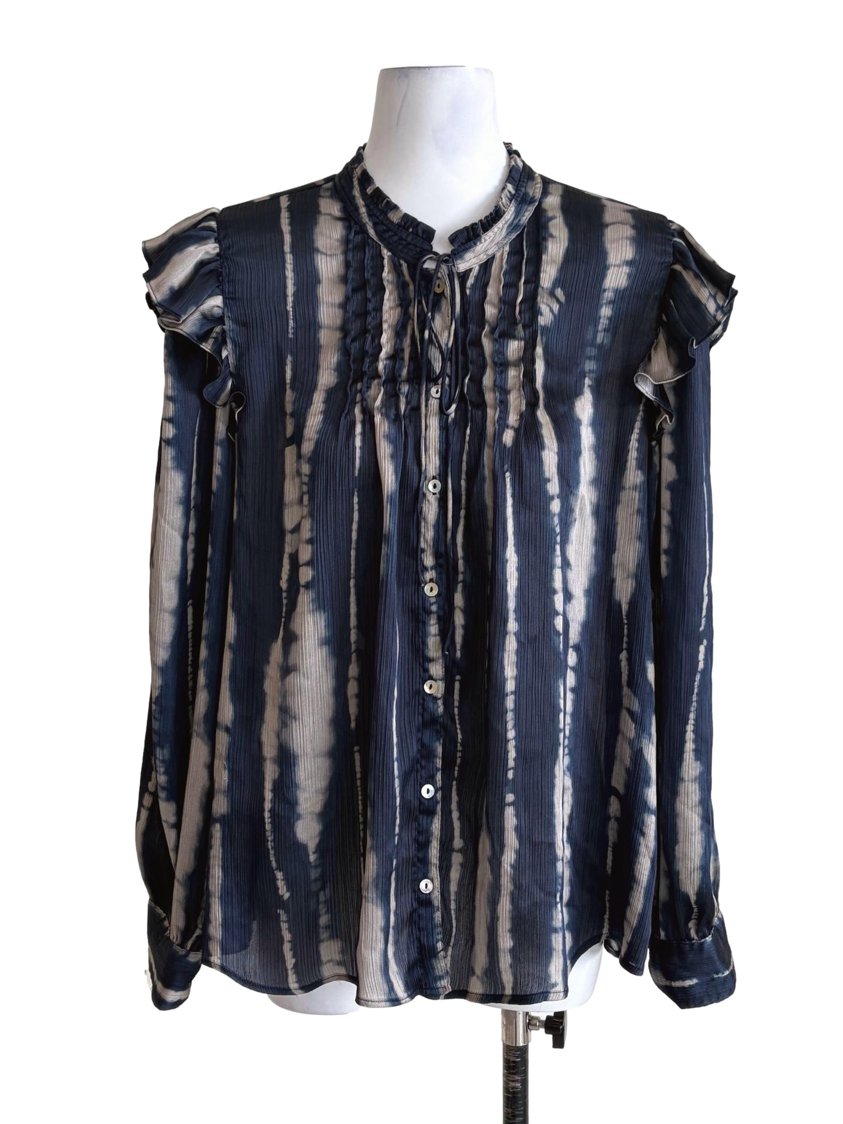 Teal Blue Ruffled Stripes Button Down Blouse