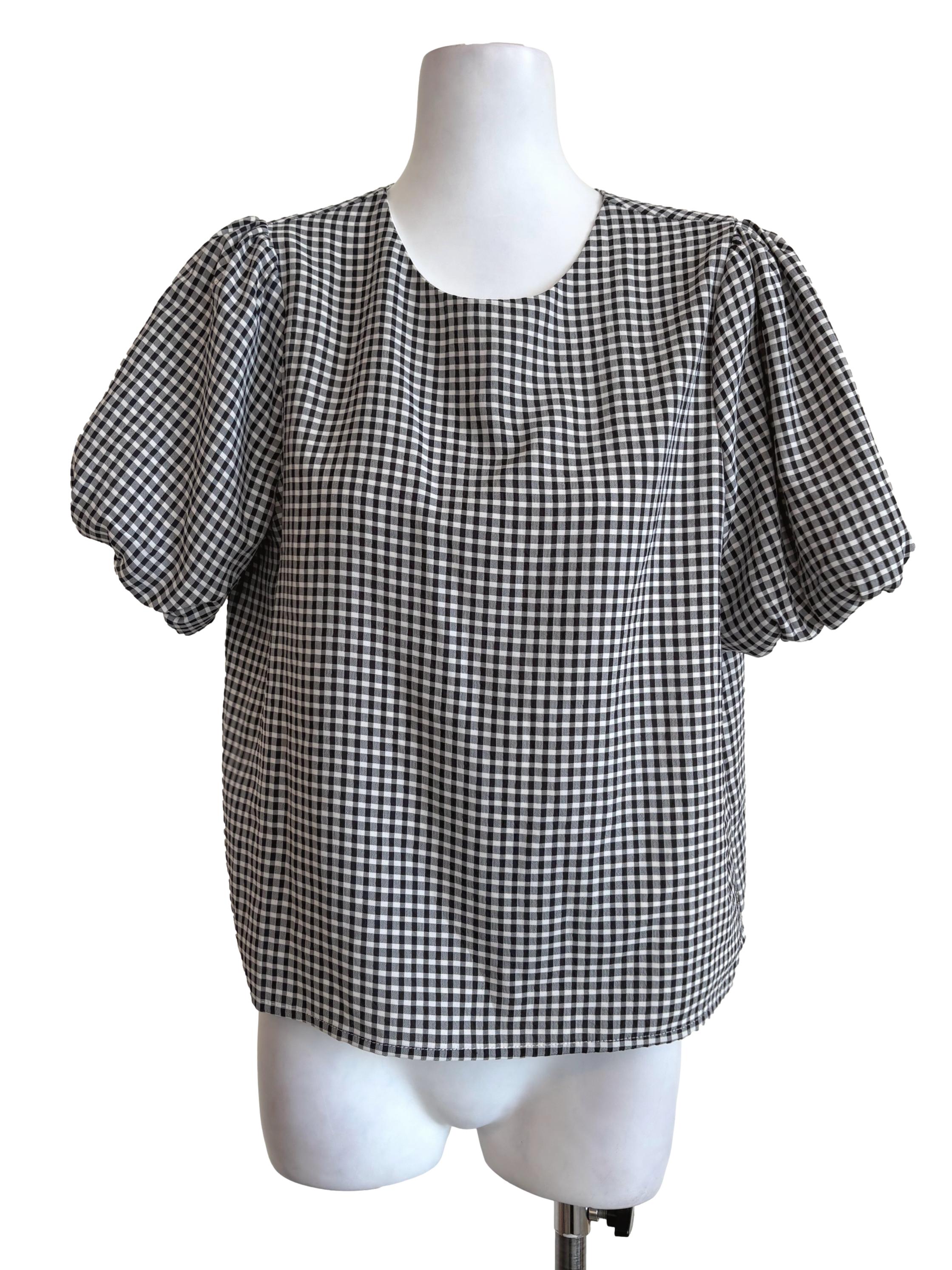 Black Gingham Puffed Sleeves Top