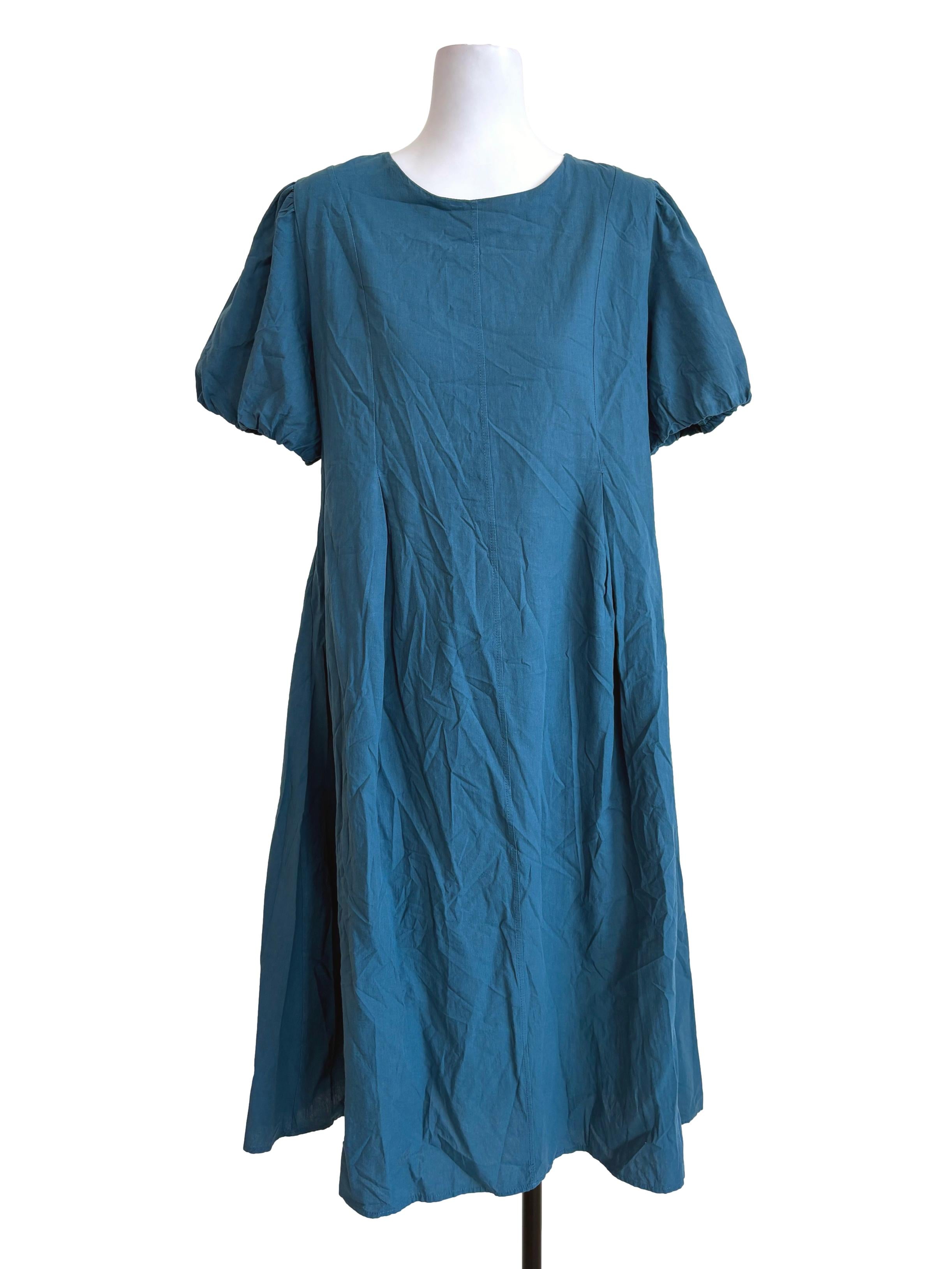 Ocean Green Pleated Puffed Sleeves Dress