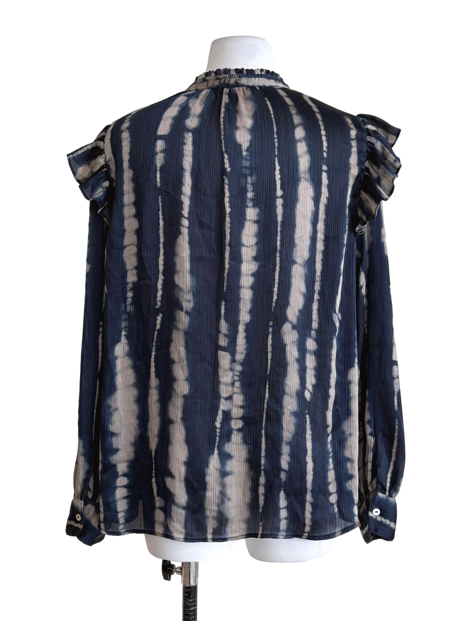 Teal Blue Ruffled Stripes Button Down Blouse