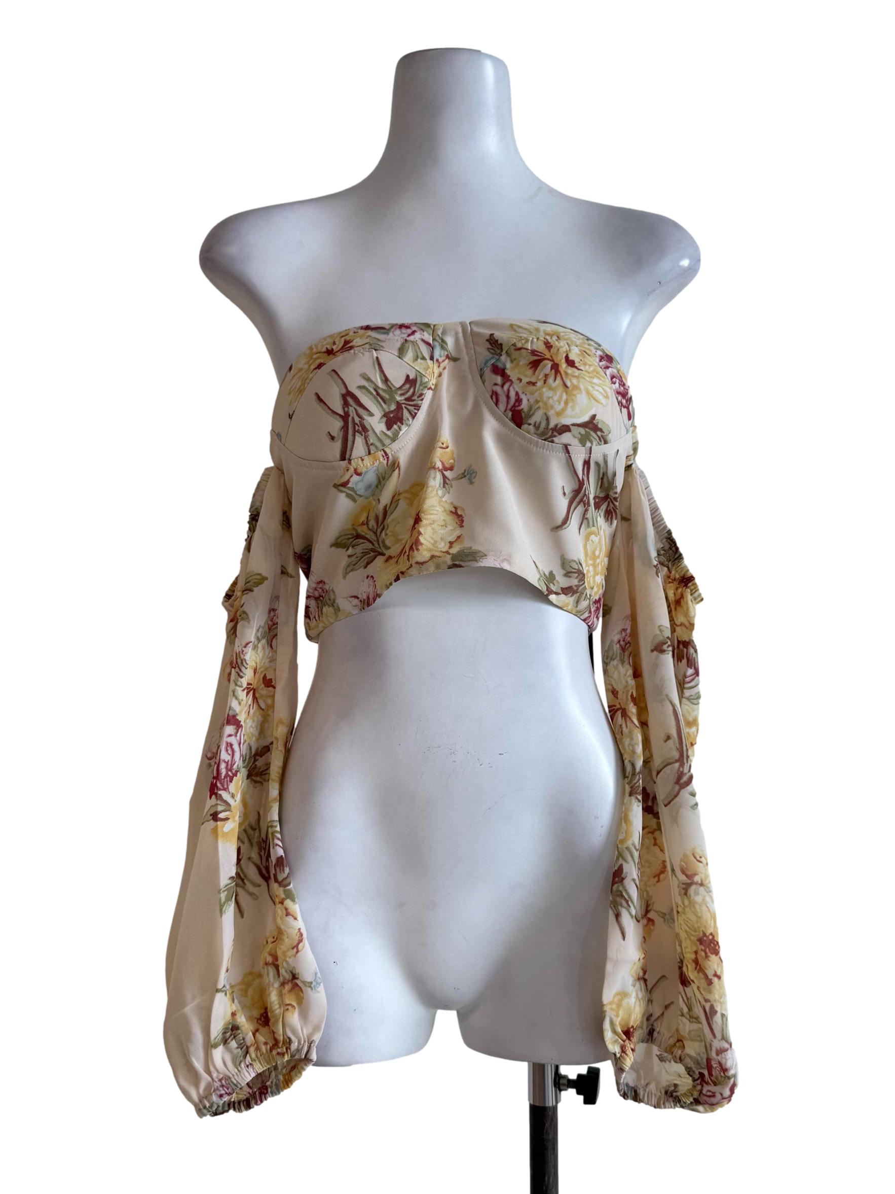 Cream Floral Motifs Padded Crop Top