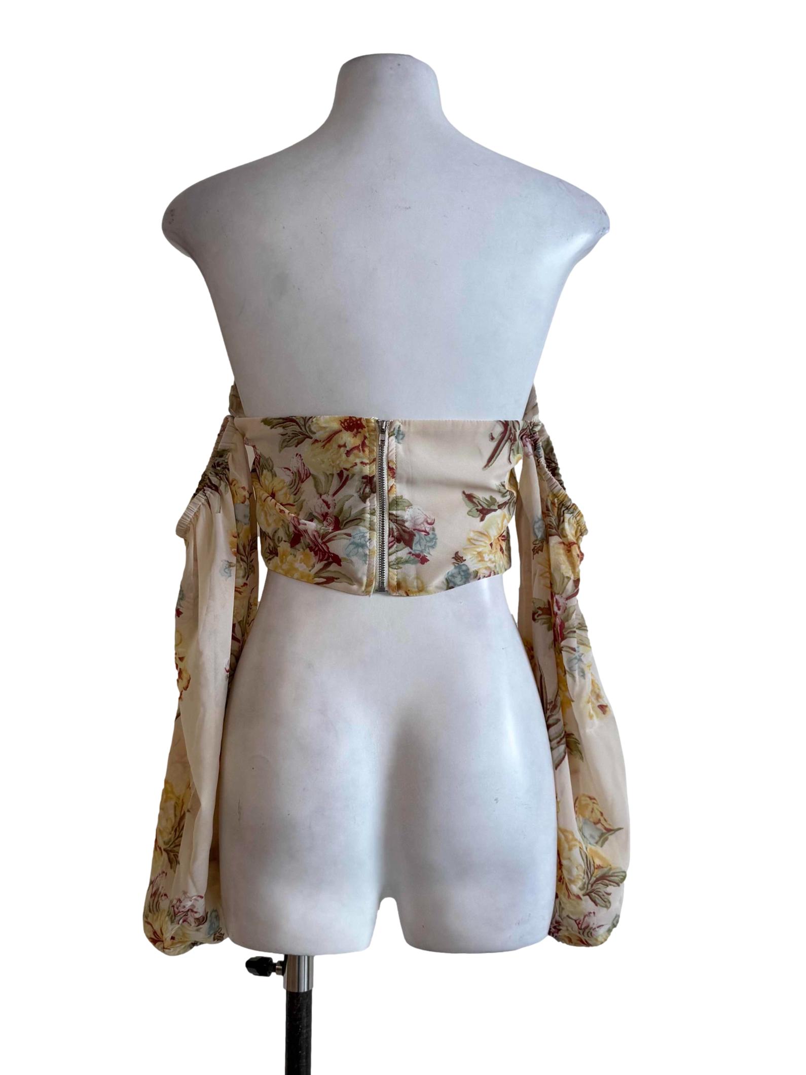 Cream Floral Motifs Padded Crop Top