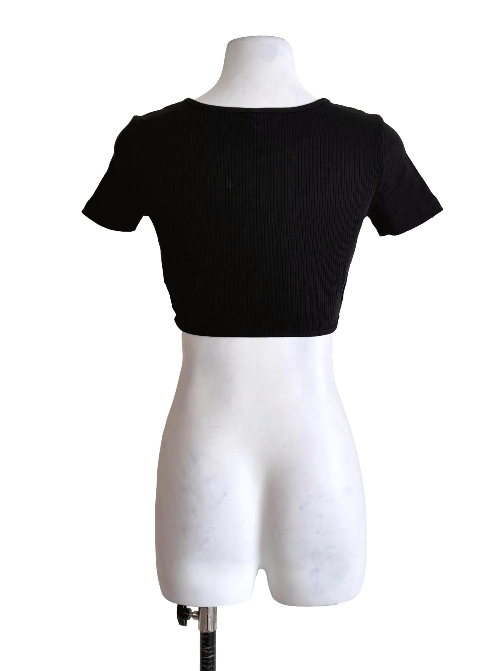 Black Textured Round-Neck Crop Top