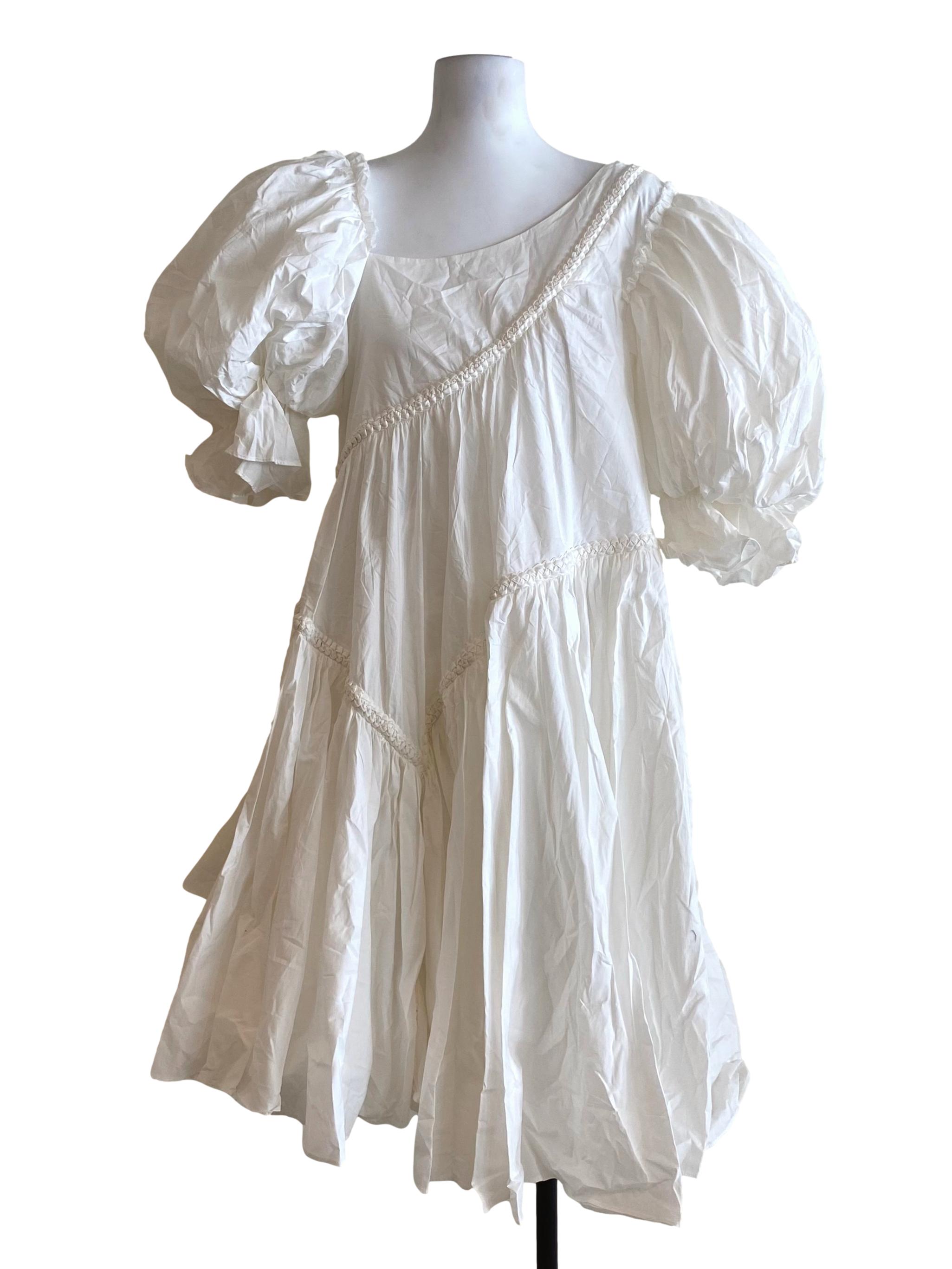 Cotton White Pattern Asymmetric Balloon Dress