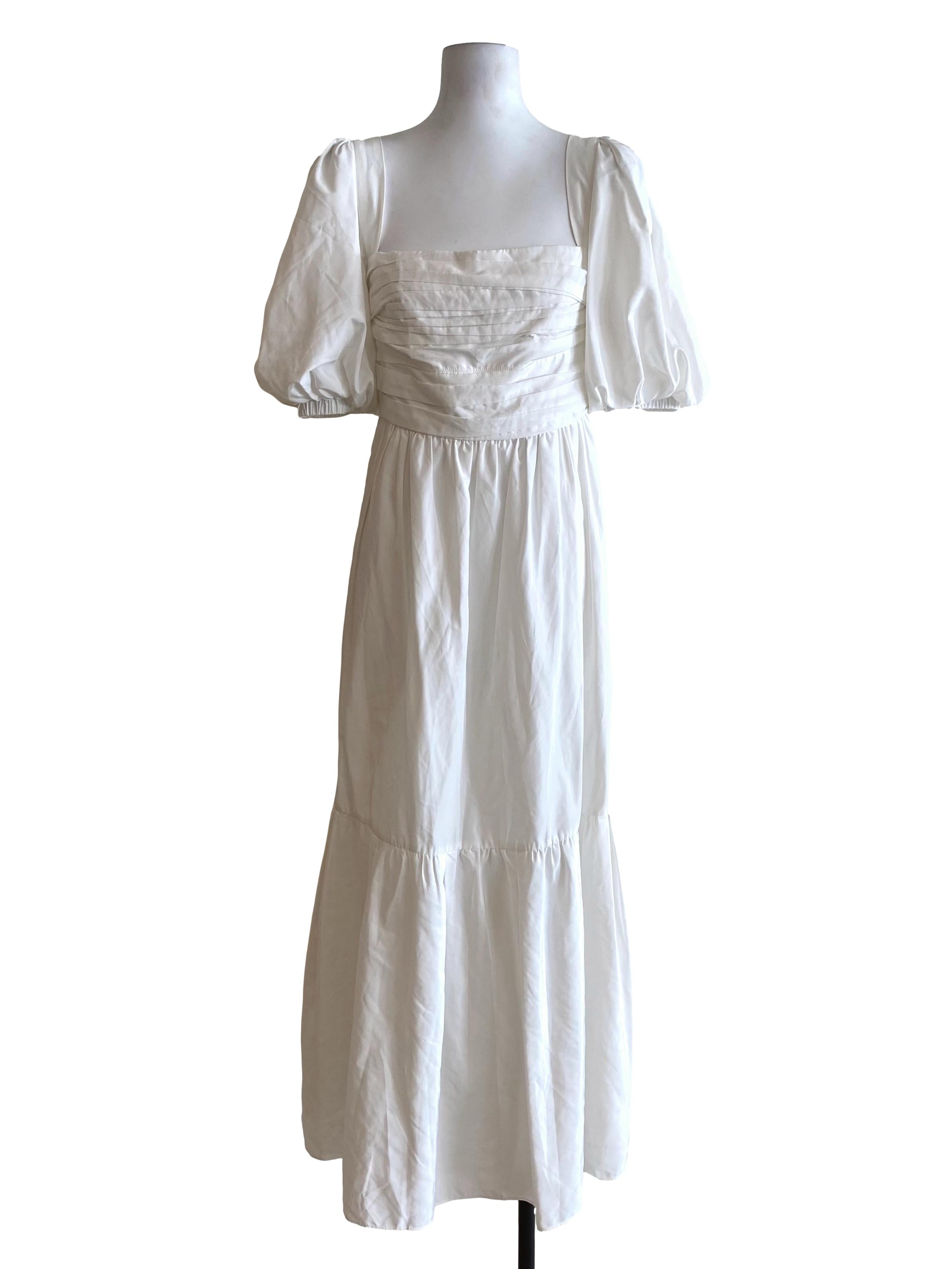 Pearl White Pleat Taffeta Puff Sleeve Dress